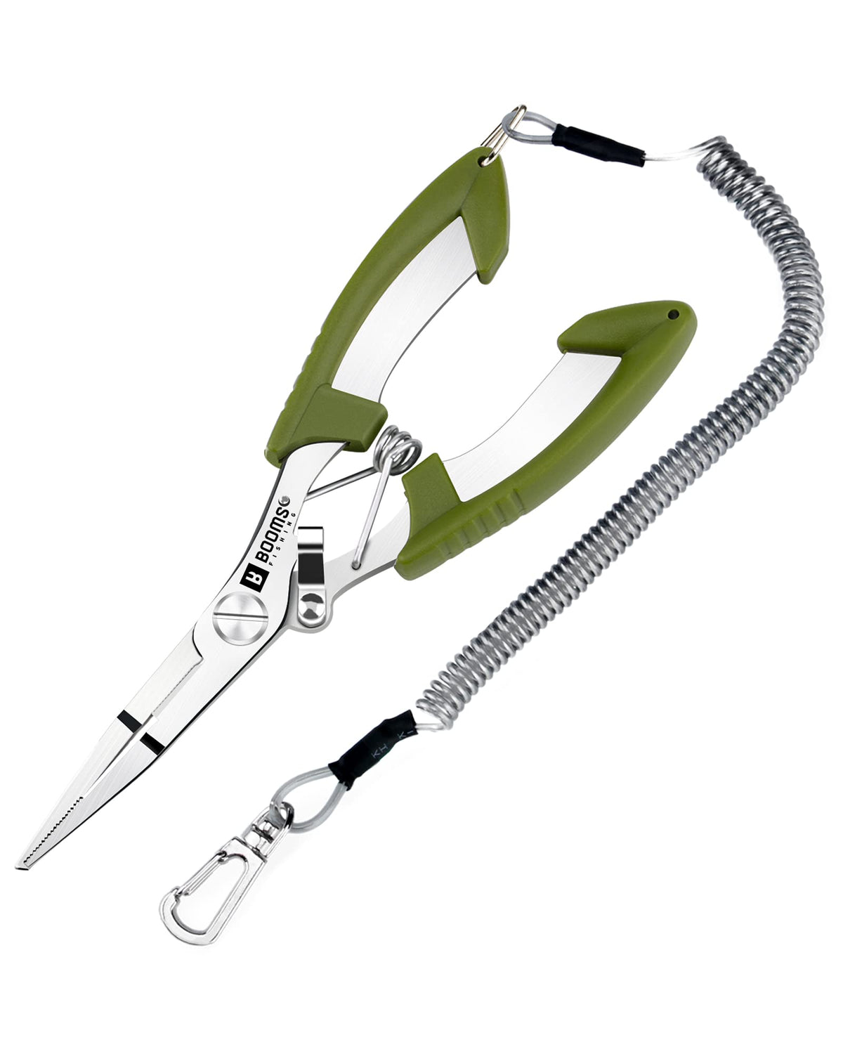 Booms Fishing H01 small pliers with green handle close-up