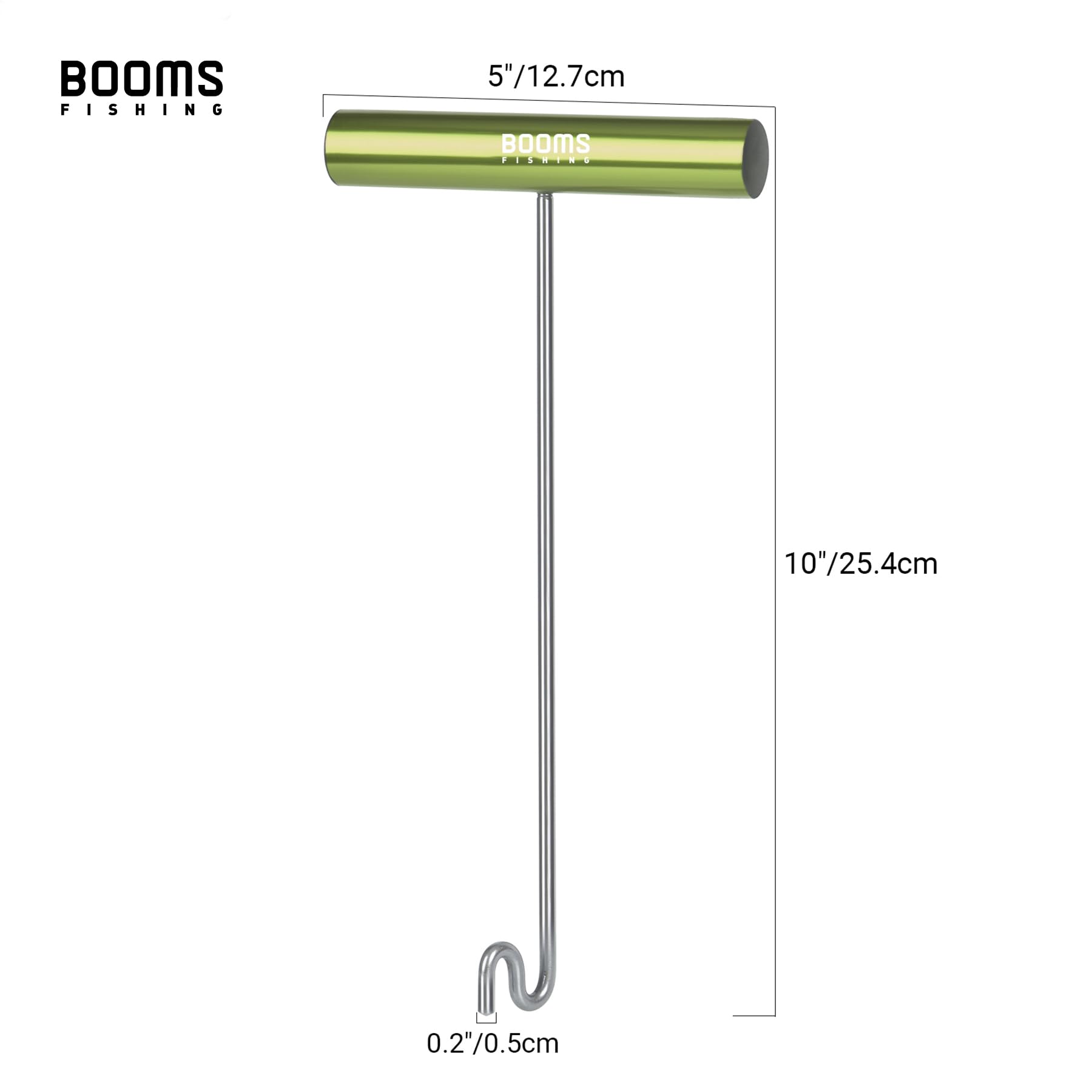 Long 10-inch hook remover tool in green finish with grip