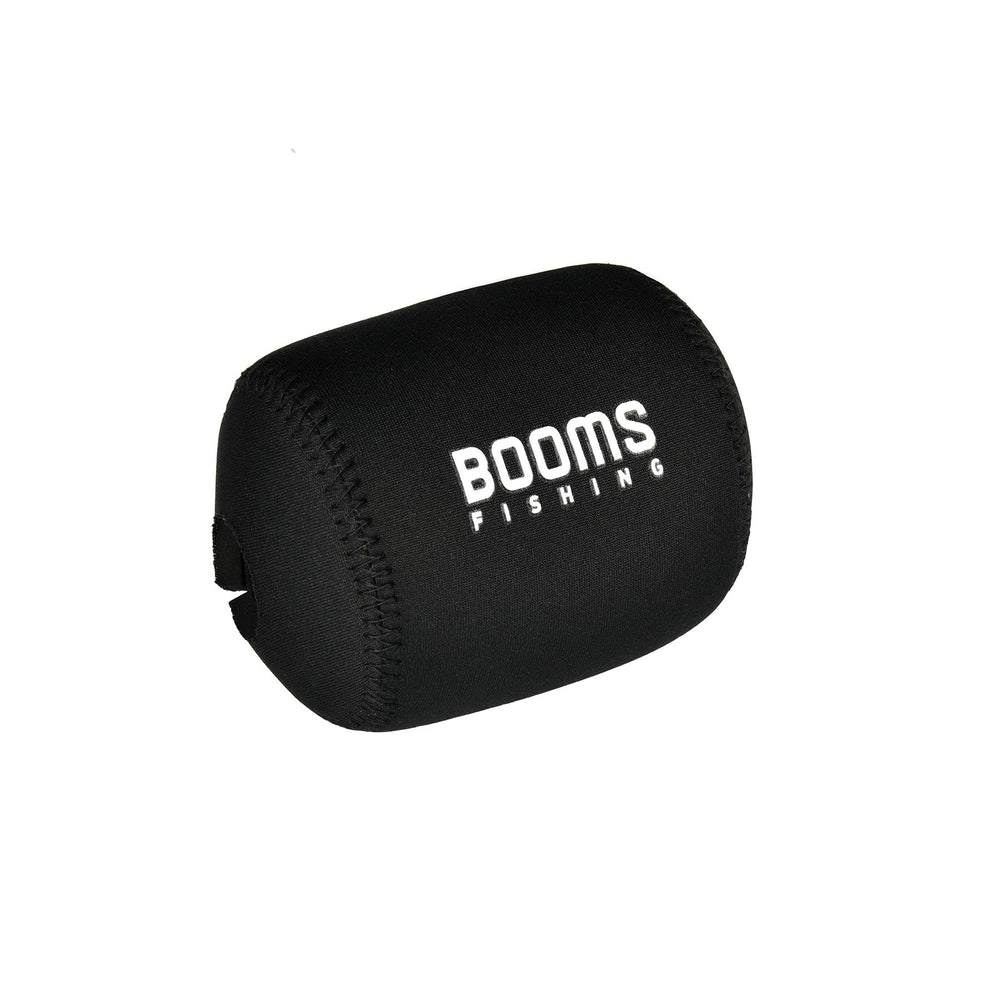 Booms Fishing RC1 neoprene reel cover on a round baitcasting reel (3.9 in W x 3.3 in D)