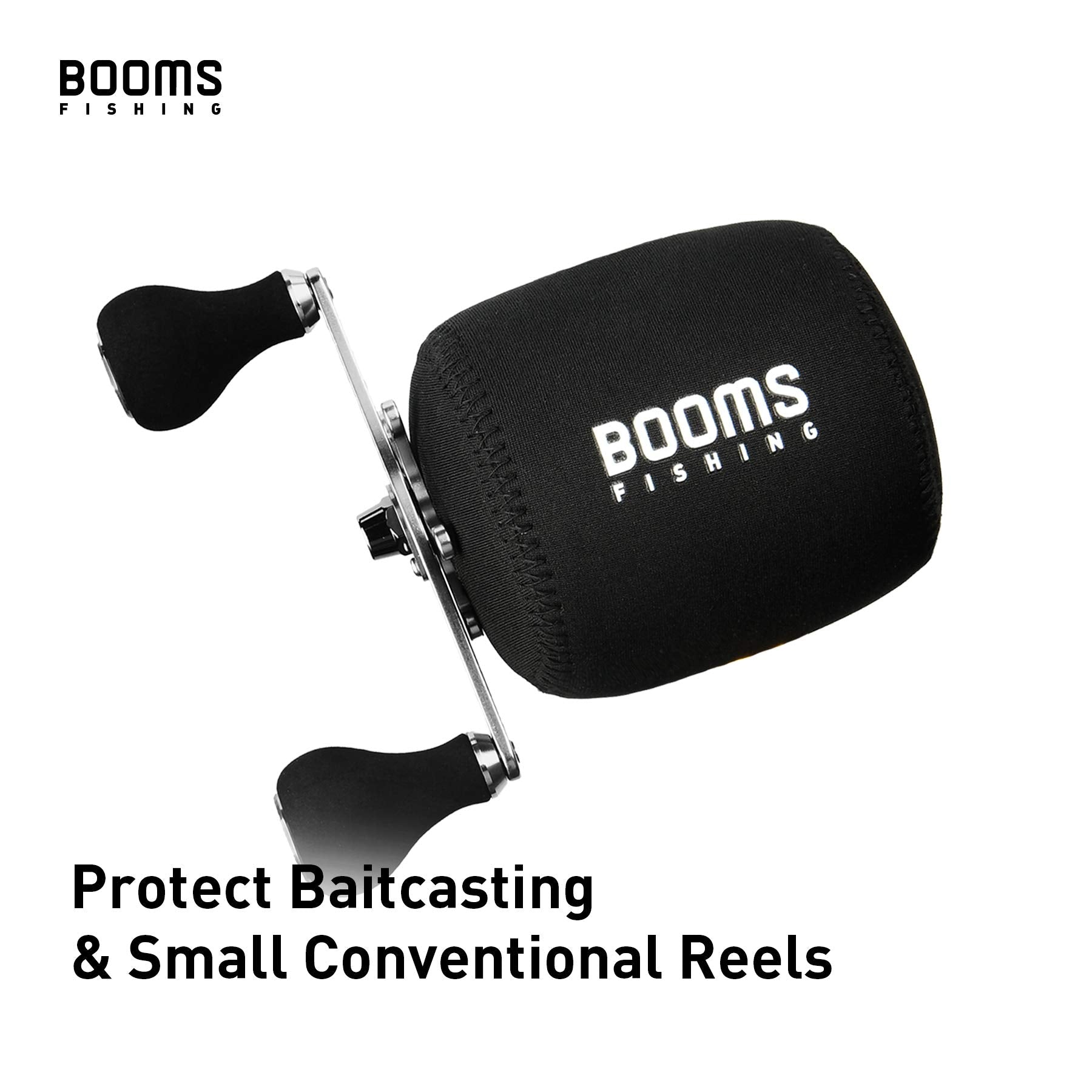 Booms Fishing RC1 neoprene reel cover, small size, back view shields reels from dust