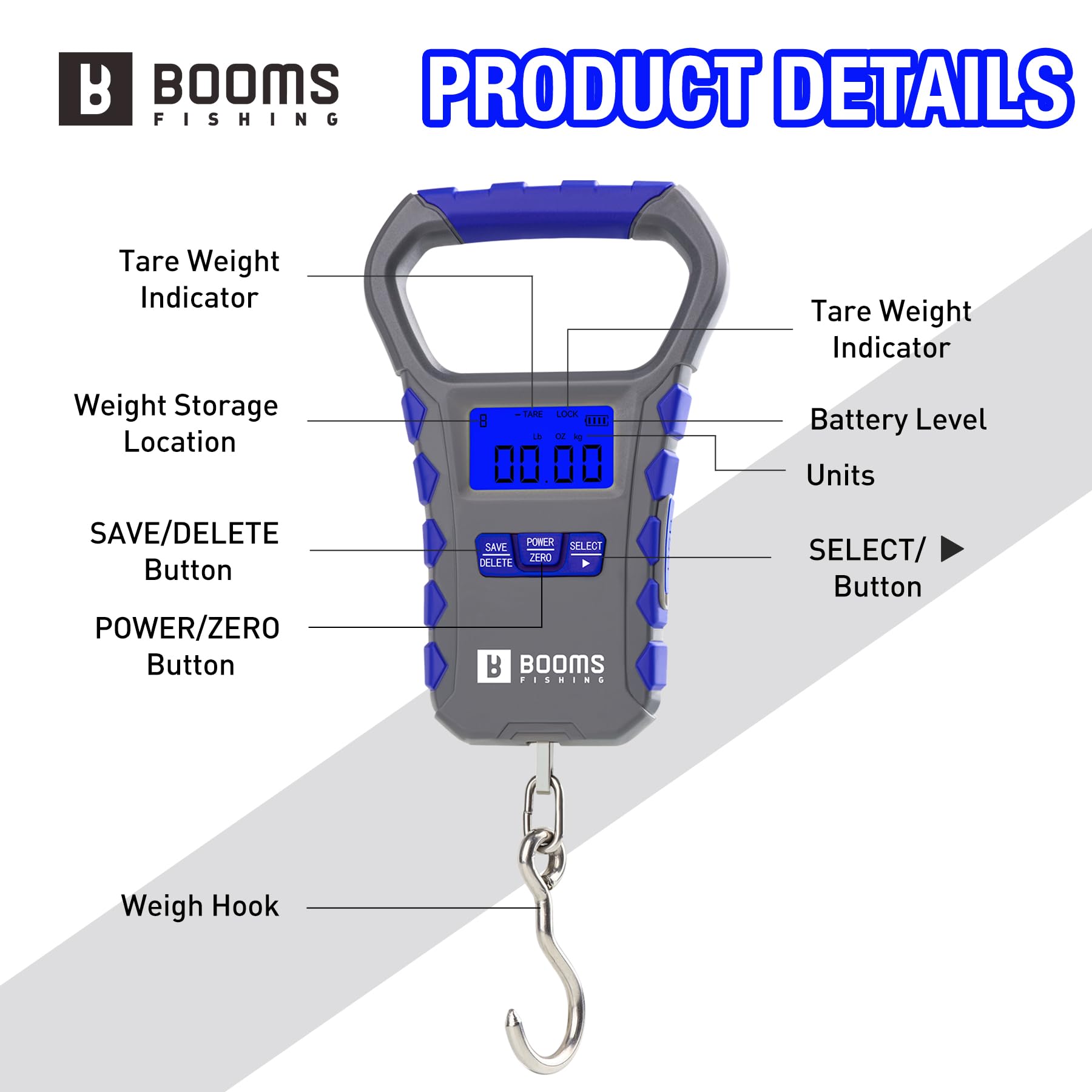 USB-C charging cable connected to Booms fishing scale