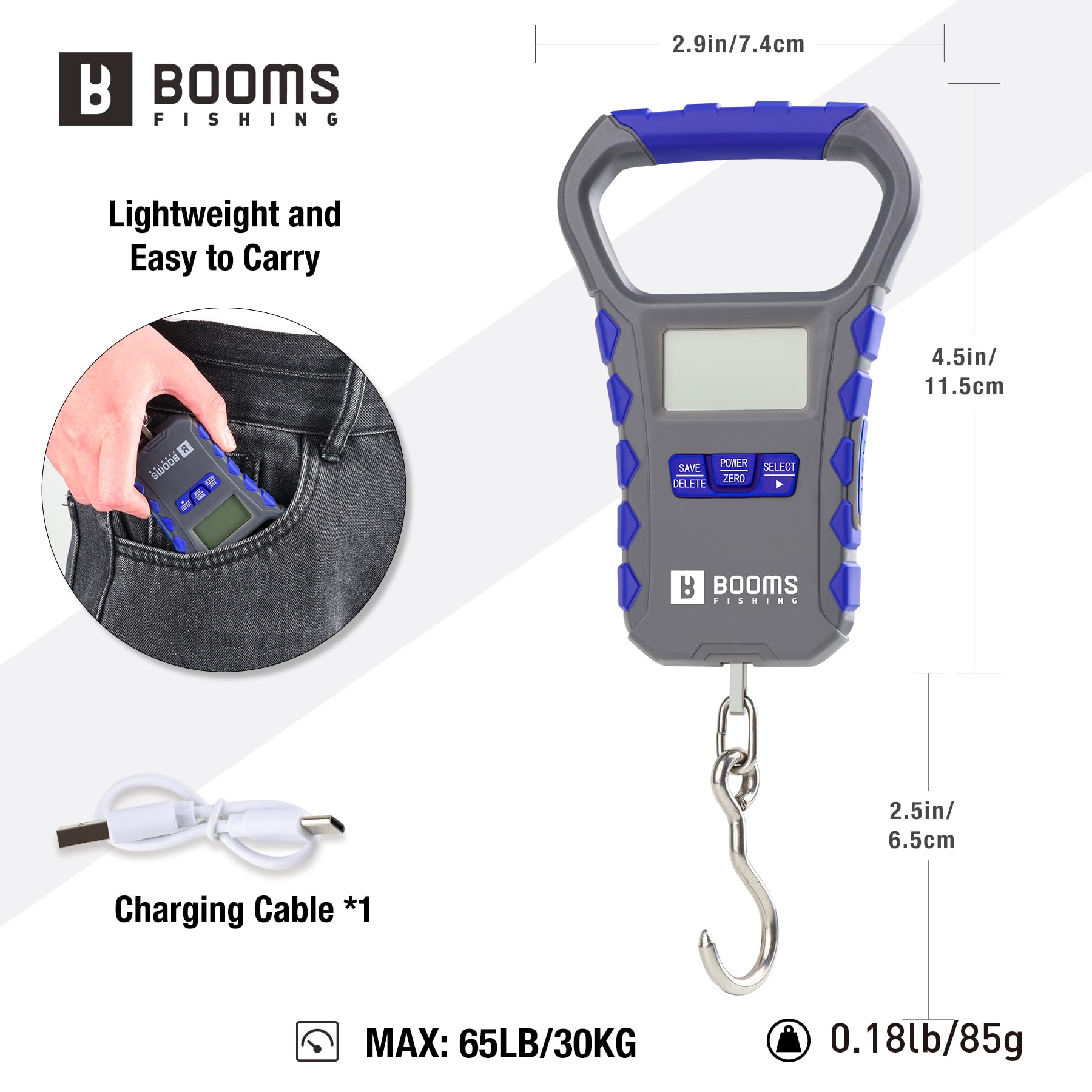 Ergonomic handle with textured grip on Booms scale