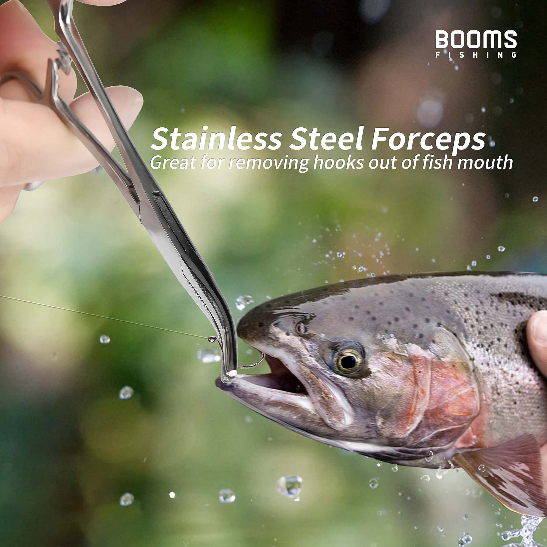 Close-up of stainless steel forceps for removing hooks