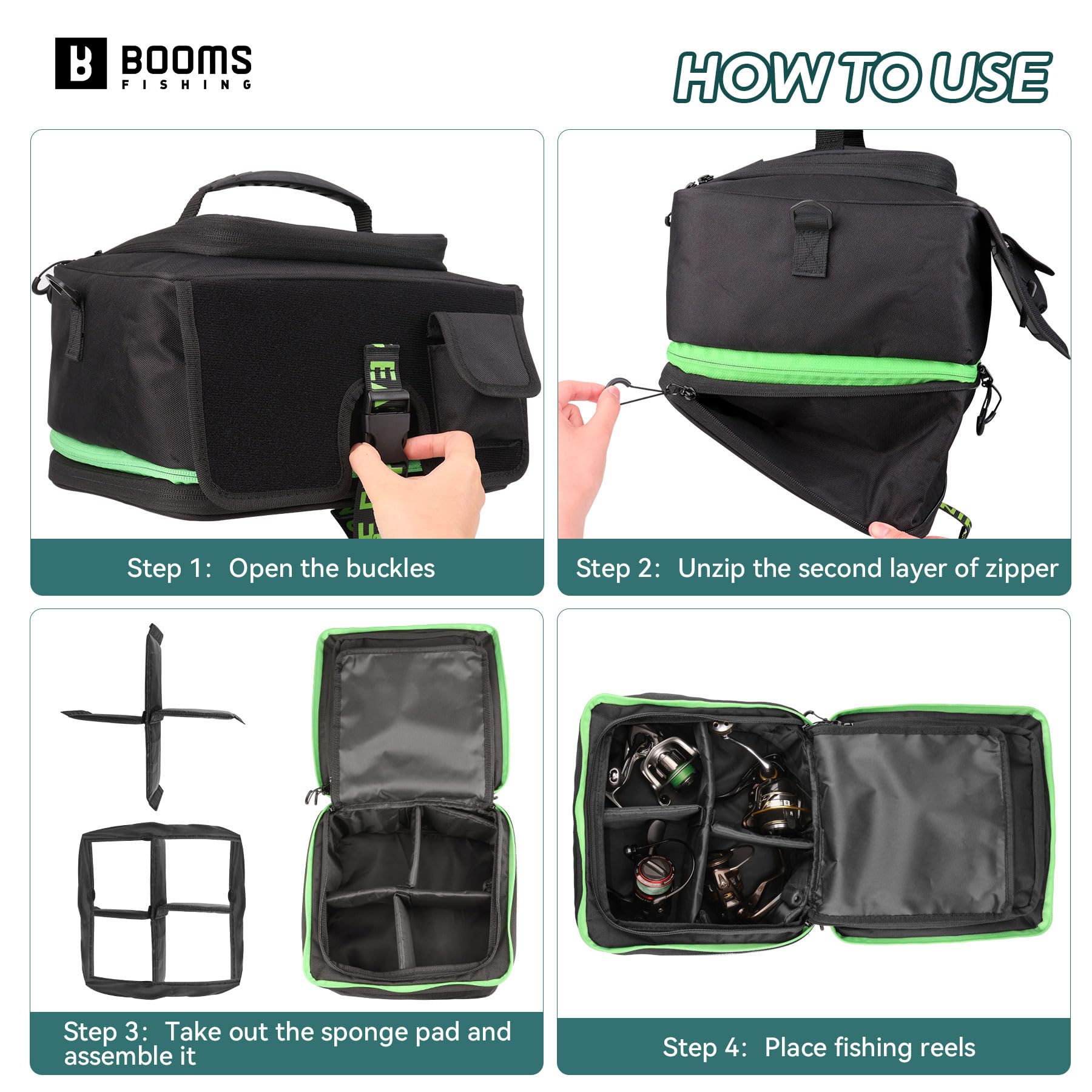 Interior layout of Booms RC4 reel bag showing removable sponge padding