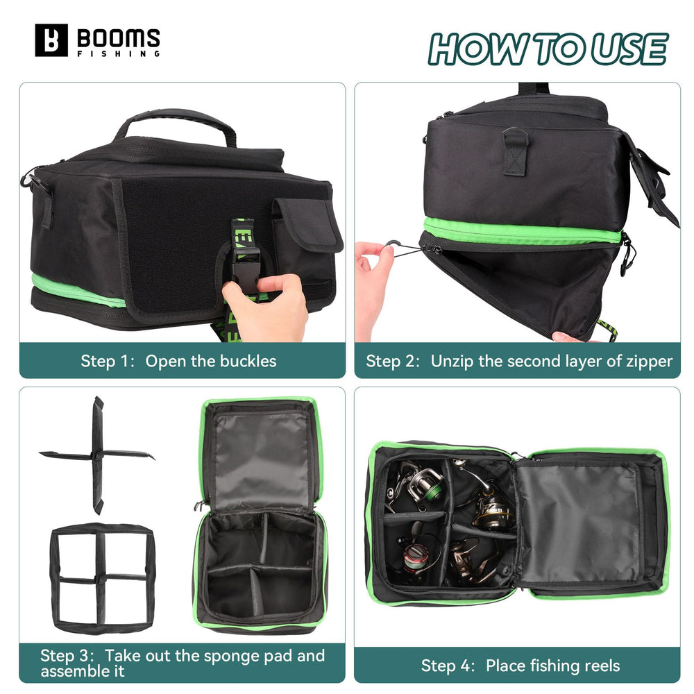 Interior layout of Booms RC4 reel bag showing removable sponge padding