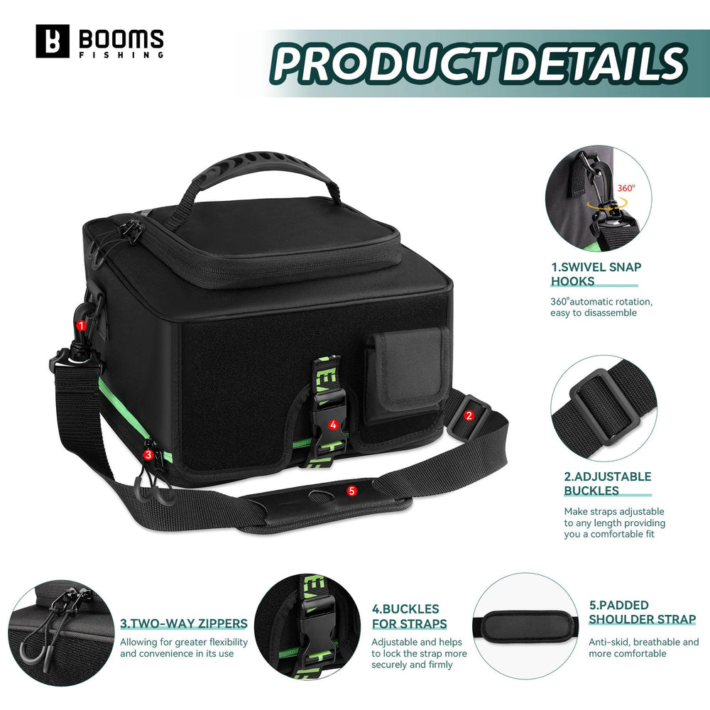 Booms Fishing RC4 Expandable Reel Bag opened, showcasing double-layer storage