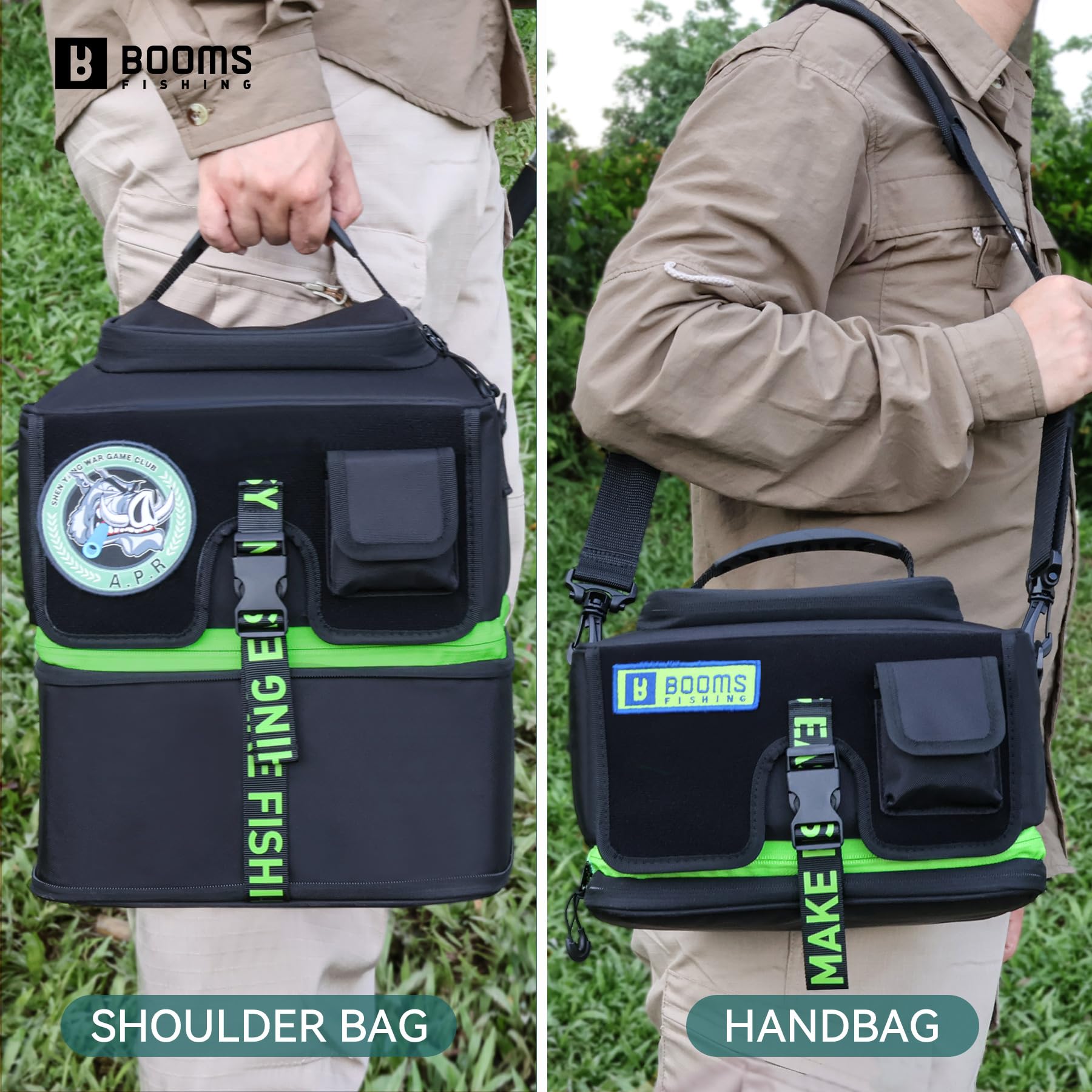 Booms Fishing RC4 Expandable Reel Bag side view with carry handle