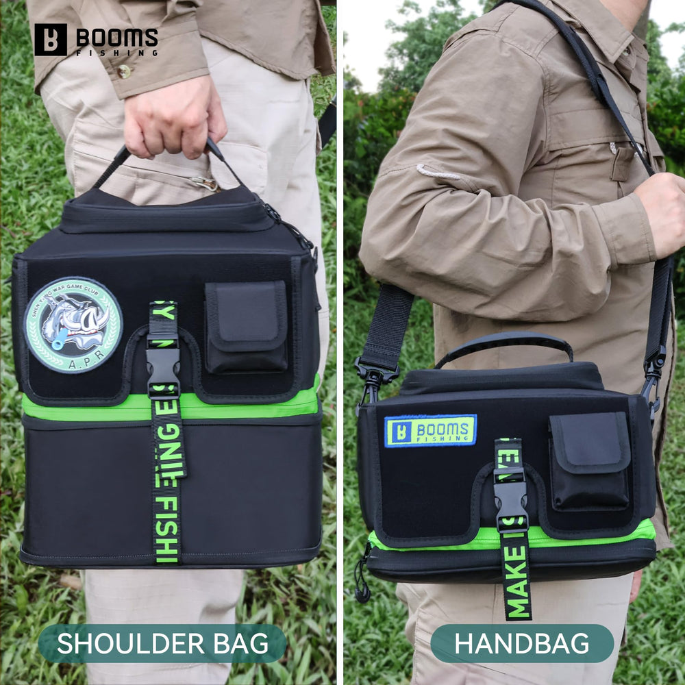 Booms Fishing RC4 Expandable Reel Bag side view with carry handle