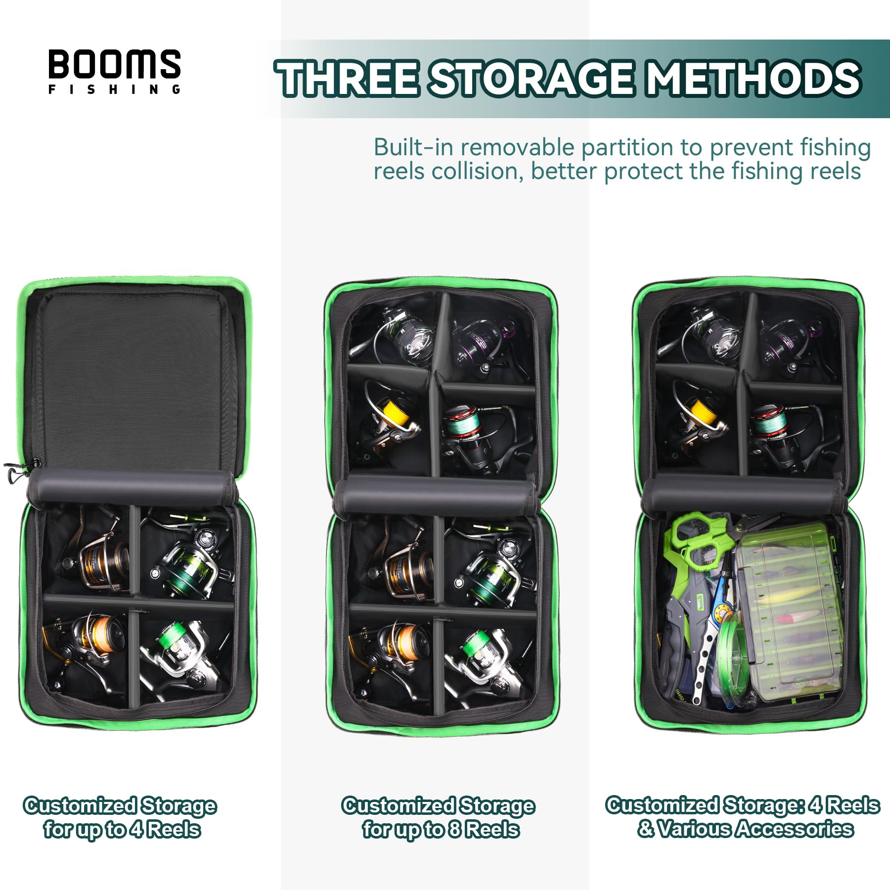 Top view of Booms RC4 reel bag with compartments and zipper access