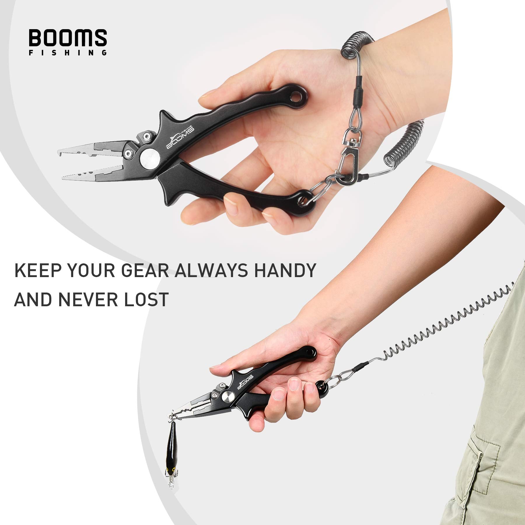 Retractable wire inside TPU-coated Booms T04 fishing lanyard