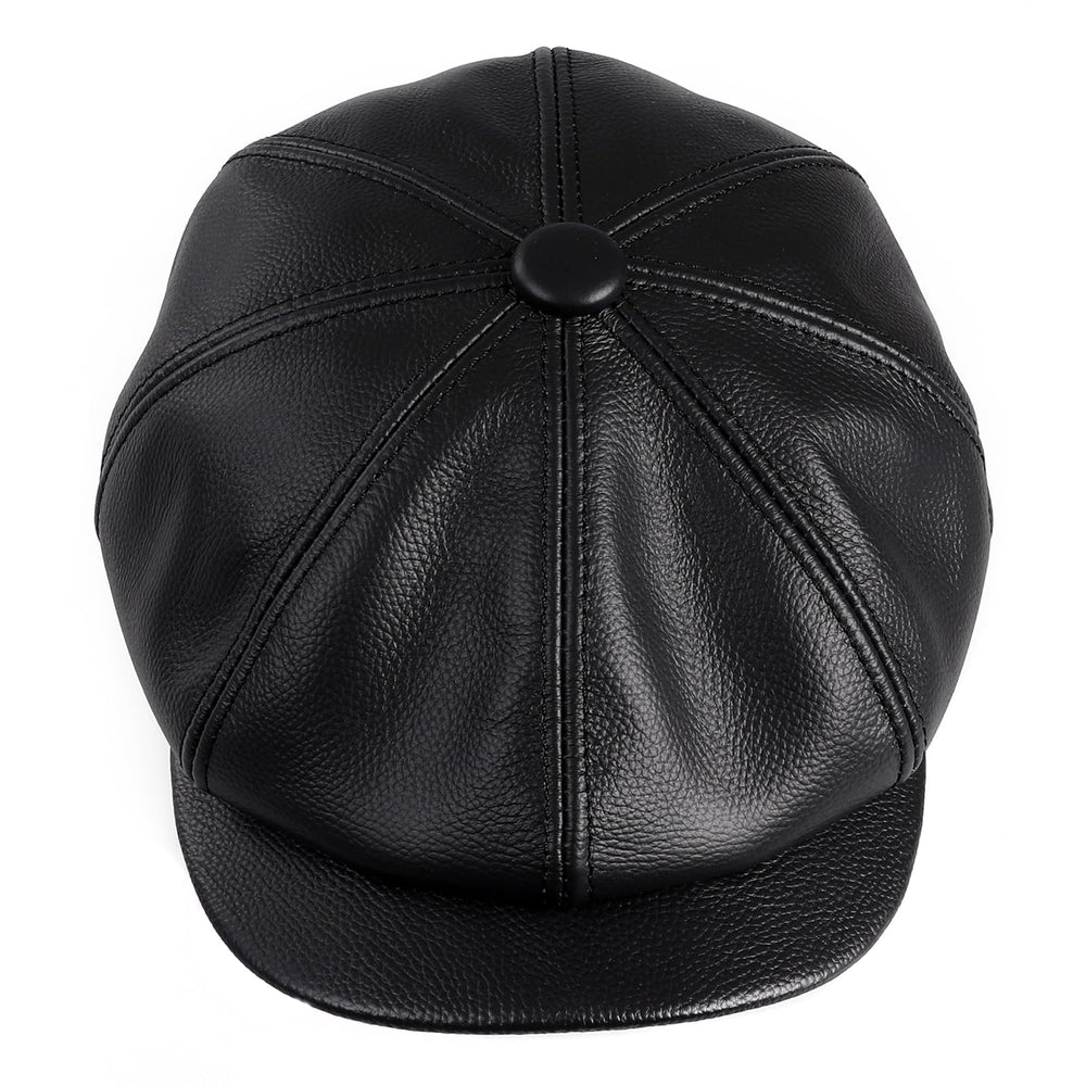 BOONJOVIA men's newsboy cap brown leather closeup showing craftsmanship
