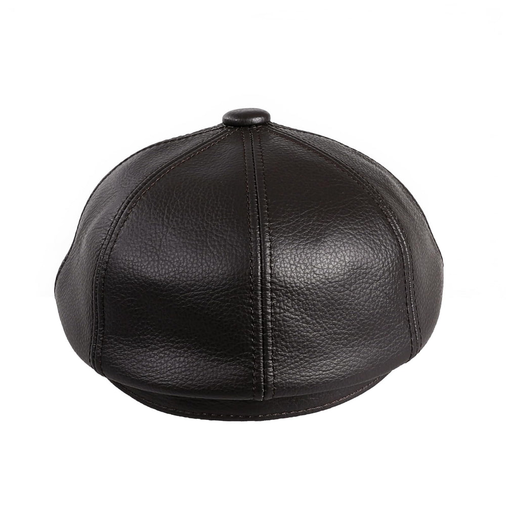BOONJOVIA men's newsboy cap front view in black leather delivers classic elegance.