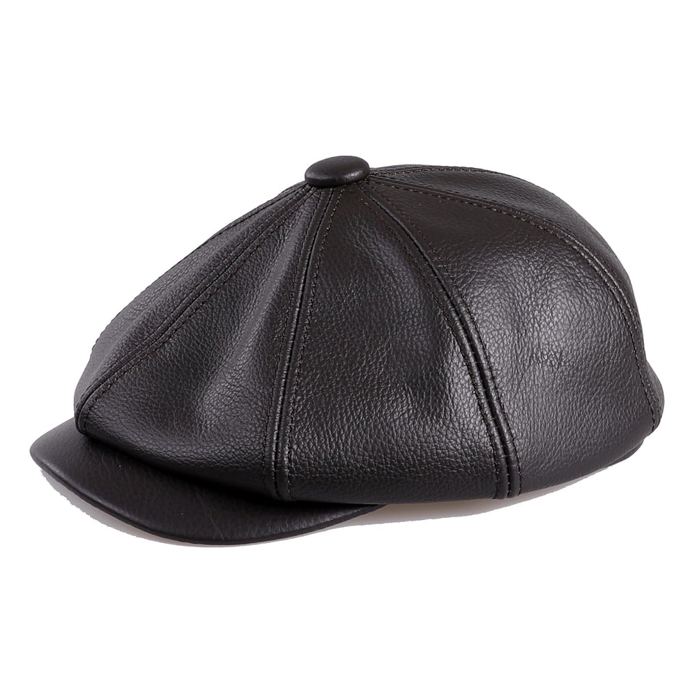 BOONJOVIA men's newsboy cap side view in black leather for versatile outfits.