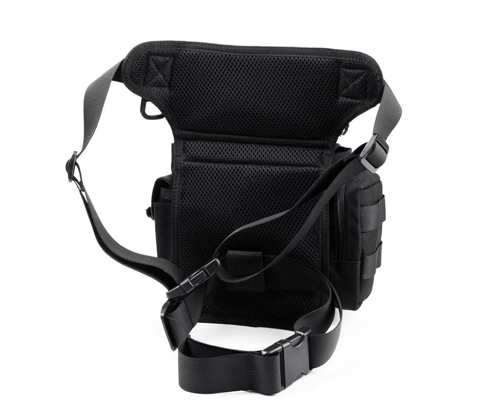 BootKitchenTan drop leg bag back view with removable leg straps and belt attachment.