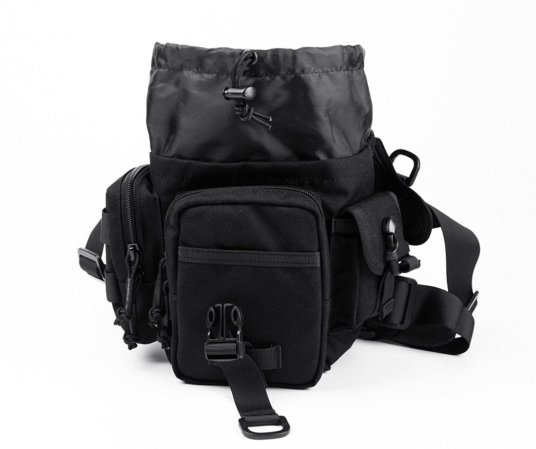 BootKitchenTan drop leg bag interior with drawstring closure and compartments.