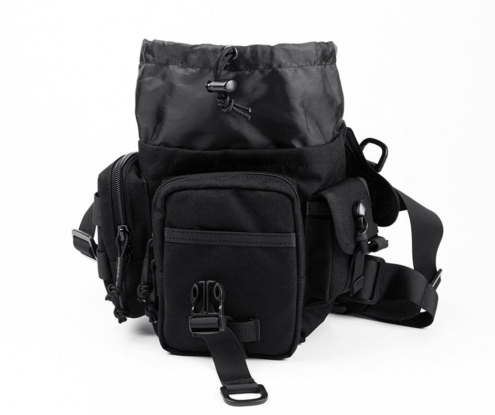 BootKitchenTan drop leg bag interior with drawstring closure and compartments.