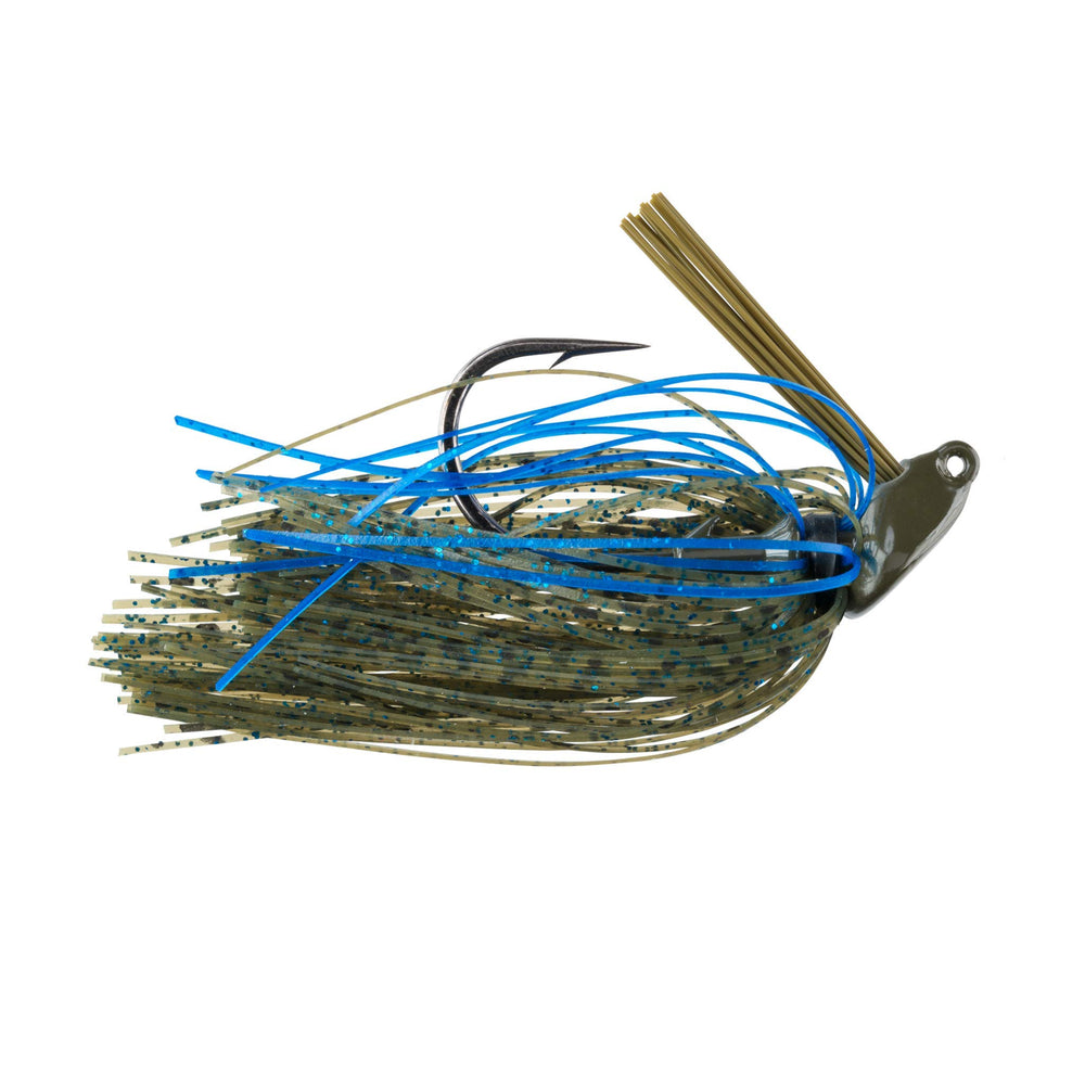 Booyah Bankroll Jig with flat-top stand-up design shows upright bottom positioning for better strikes.