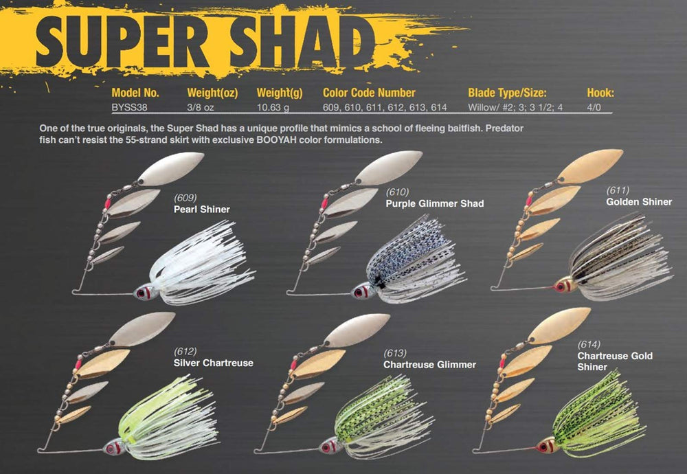 Booyah BYSS38-613 Super Shad spinnerbait side view showcases skirt action for attracting fish.