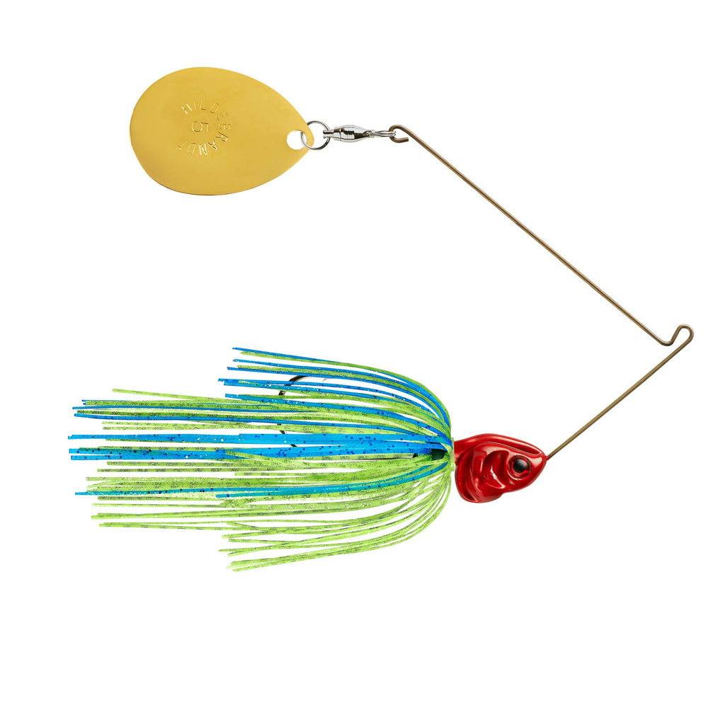 Booyah Covert lure with blue chartreuse skirt and red head for versatile water conditions.