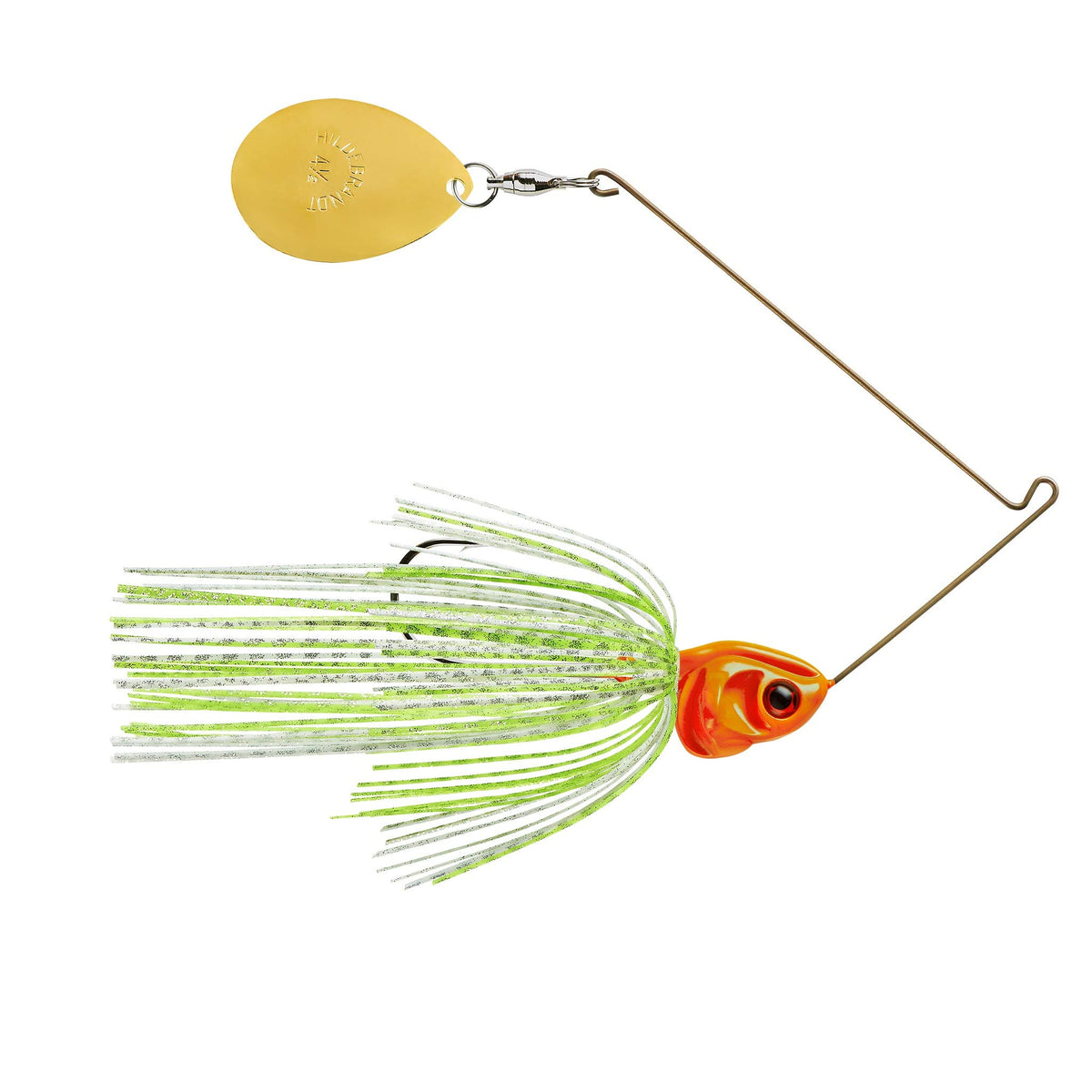 Booyah Covert spinnerbait: white chartreuse, orange head, high-visibility profile for bass.
