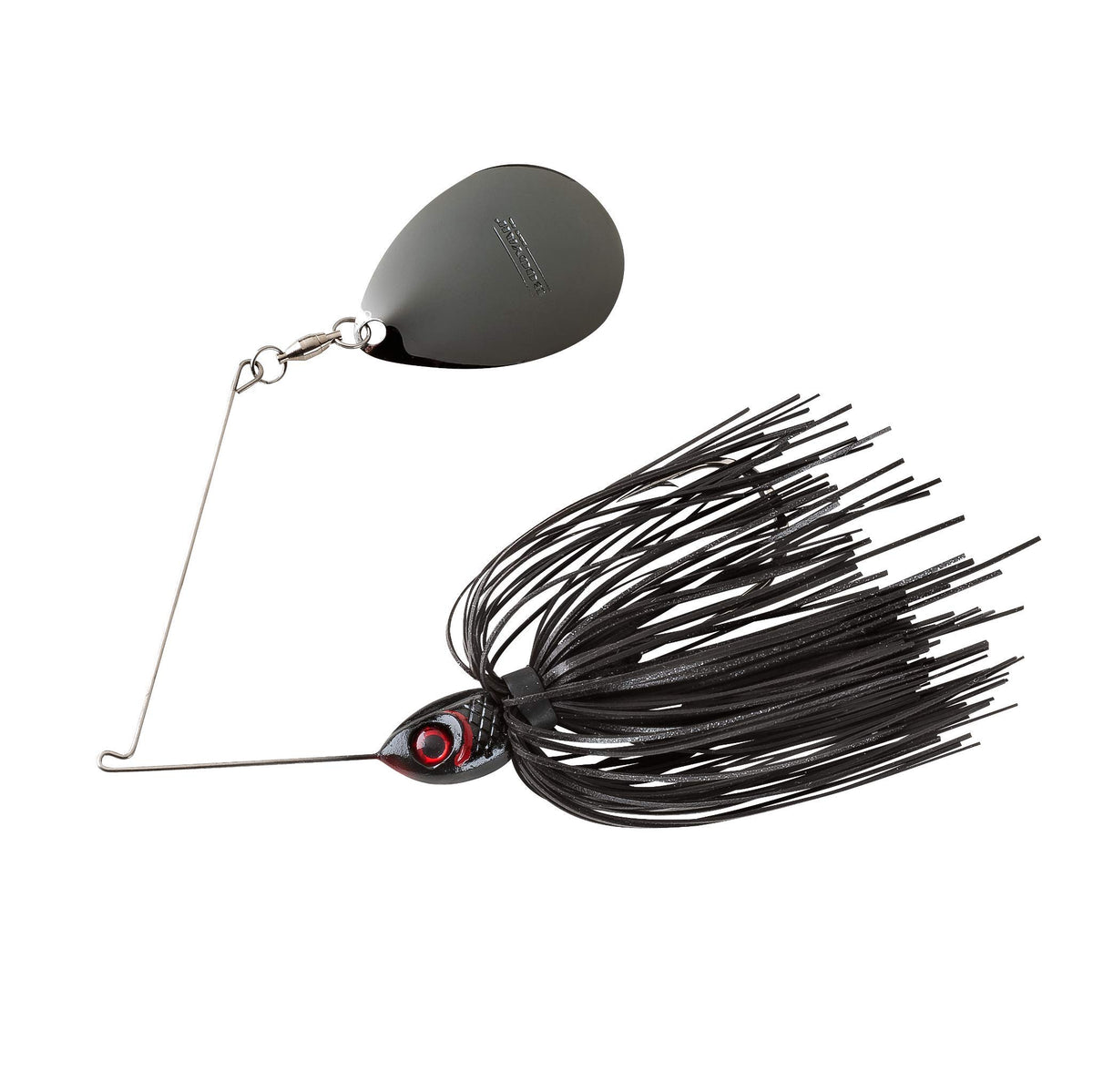 Booyah Moontalker spinner bait close-up showing the black nickel blade for night fishing