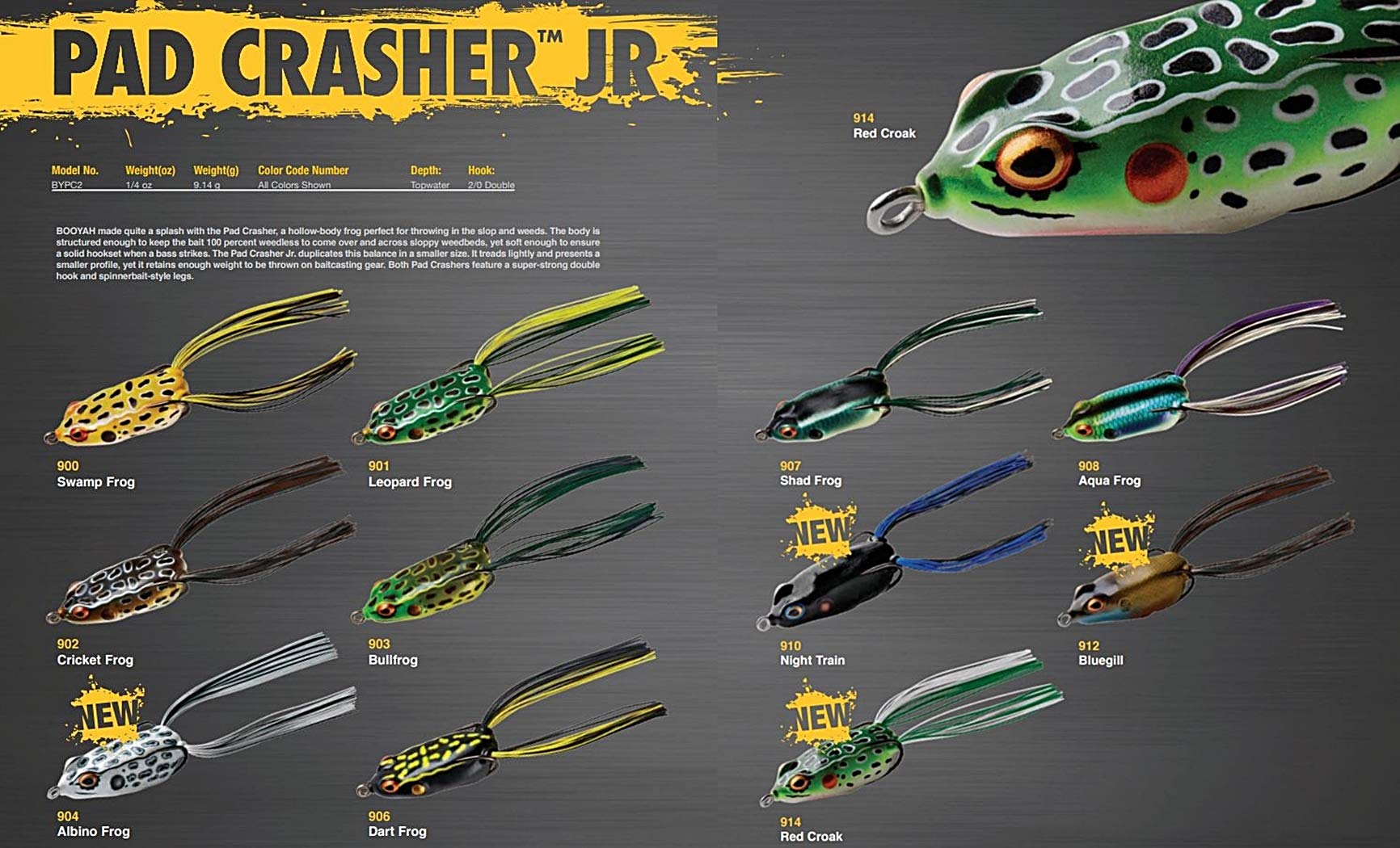 Booyah Pad Crasher Junior Dart Frog shows the double-hook and spinner-leg design
