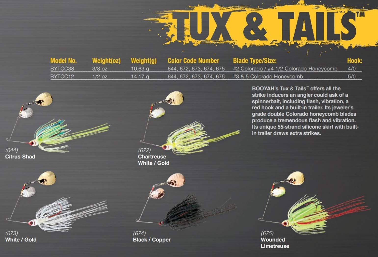 Booyah Tux and Tails Citrus Shad highlights 55-strand skirt and built-in trailer for extra strikes.