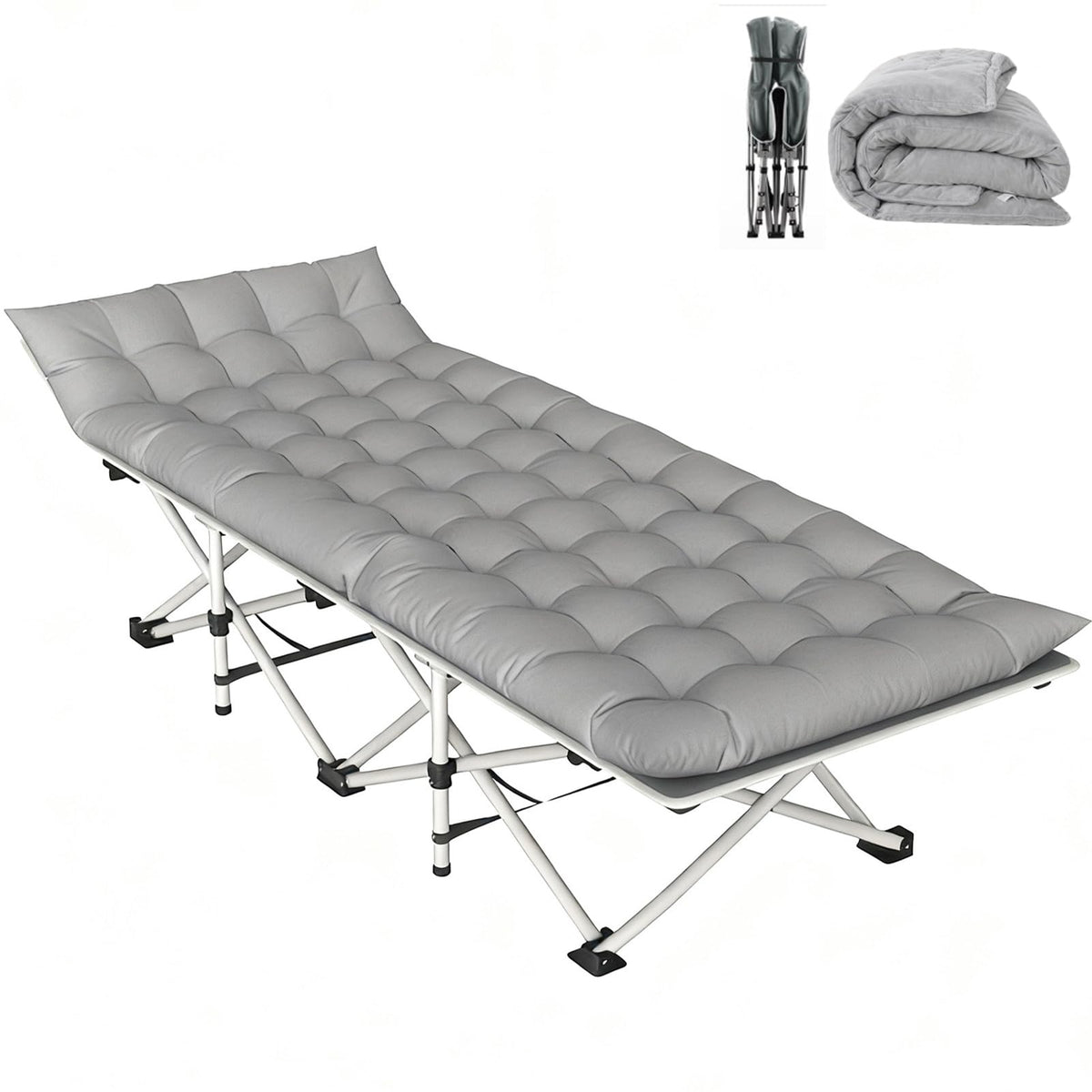 bop adjustable folding camping bed front view shows sturdy ten-leg frame for stable outdoor use