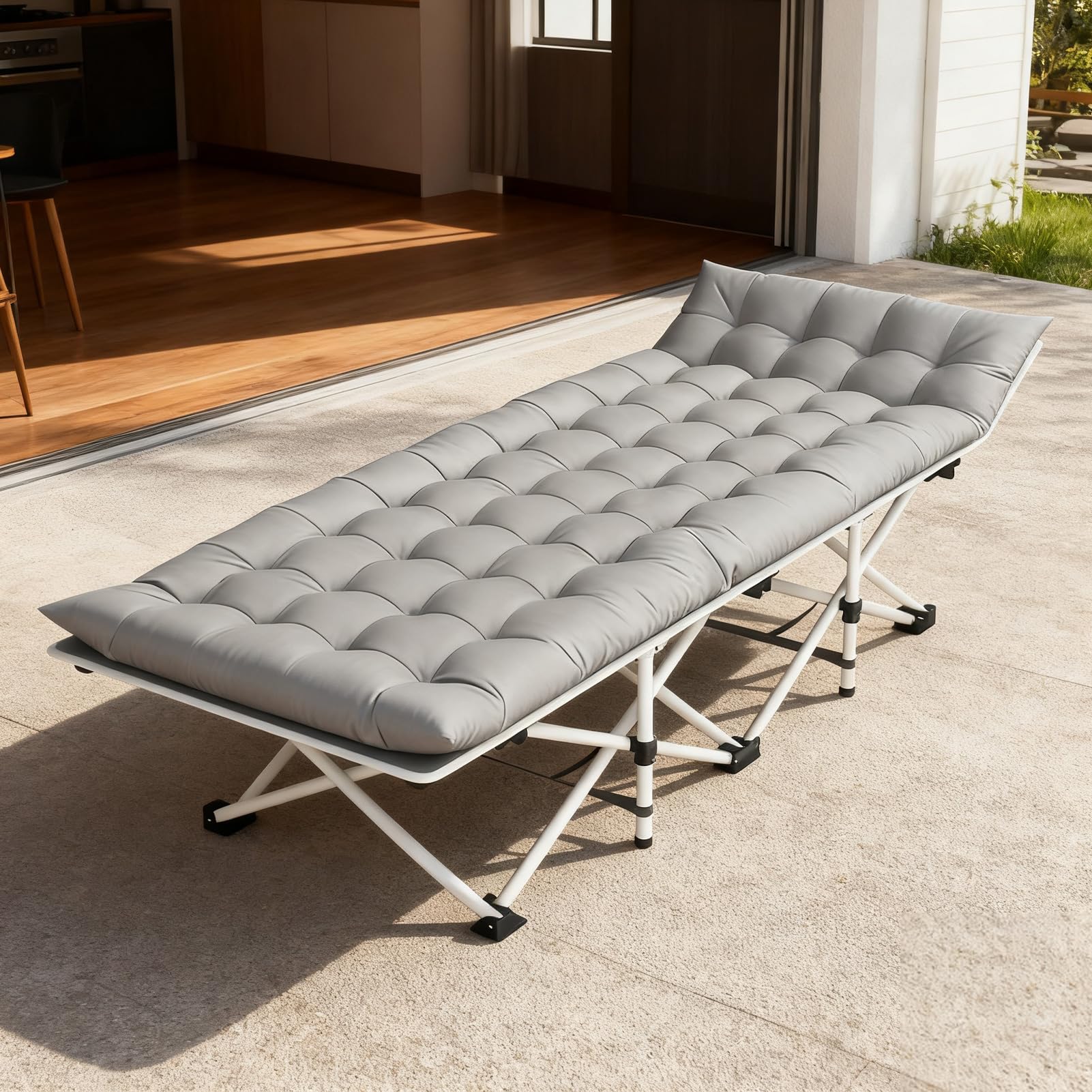 bop folding camping bed in carry bag illustrates portable space-saving design