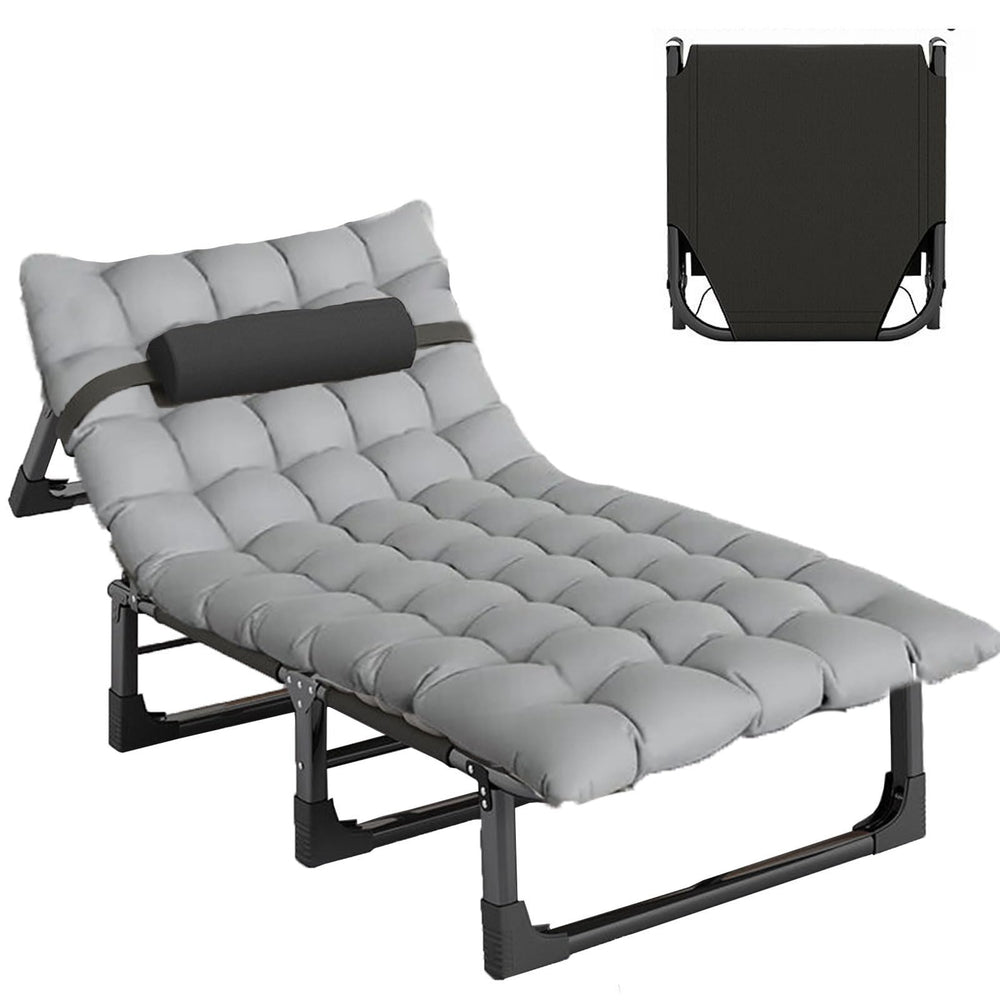 Bop portable folding camping cot opened to reveal the 75x29.5-inch sleeping surface for travel.