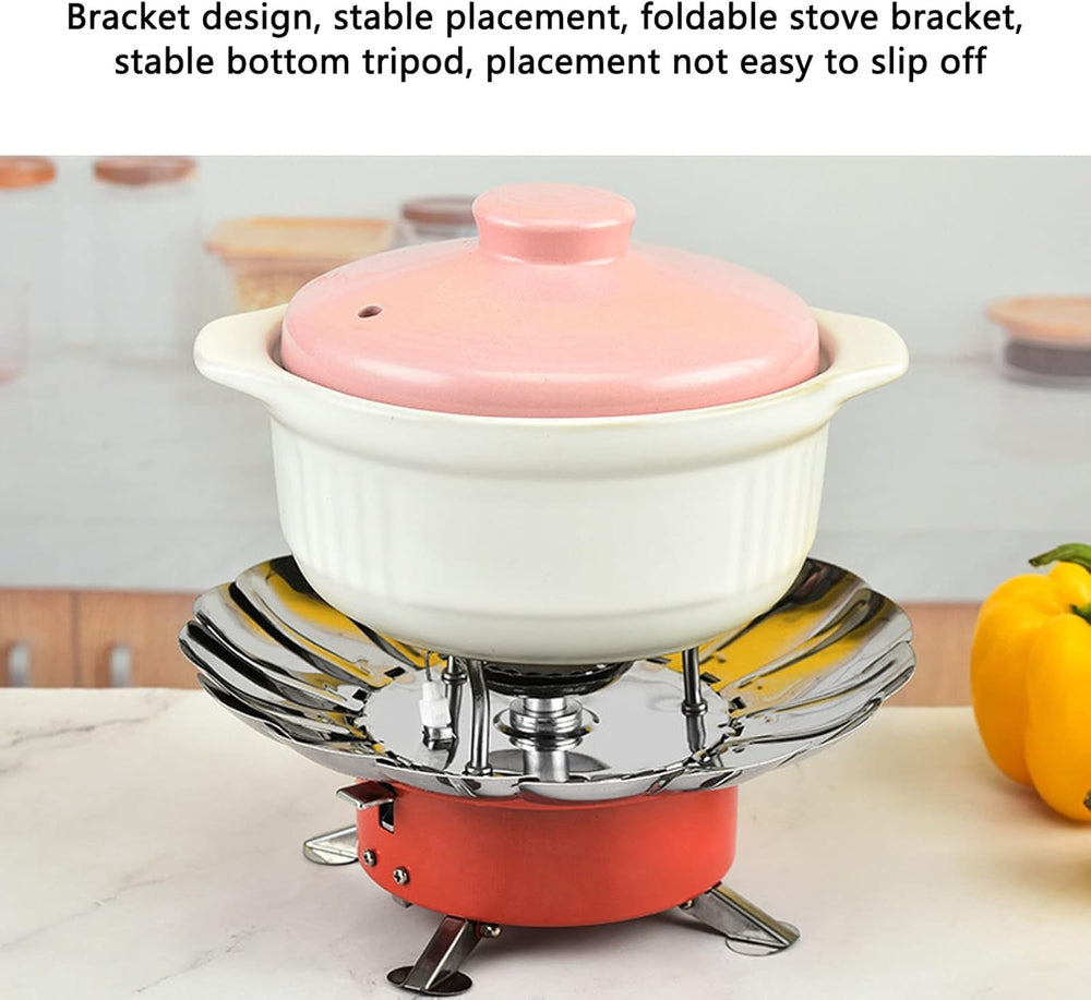 BORD ABSTRACT camping stove shows collapsible bracket for compact packing.