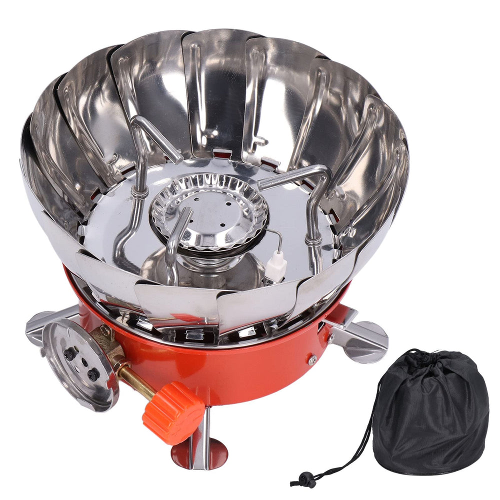 BORD ABSTRACT portable stove with wind-resistant burner for stable outdoor cooking.