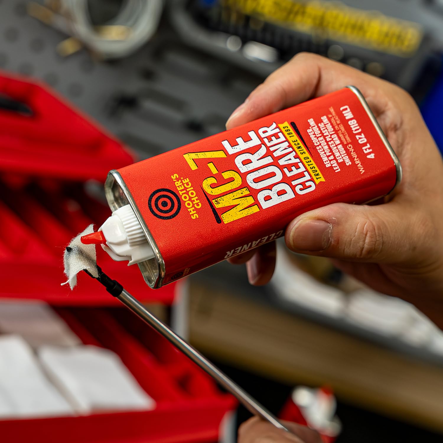 Outdoors setup with bore cleaner product display