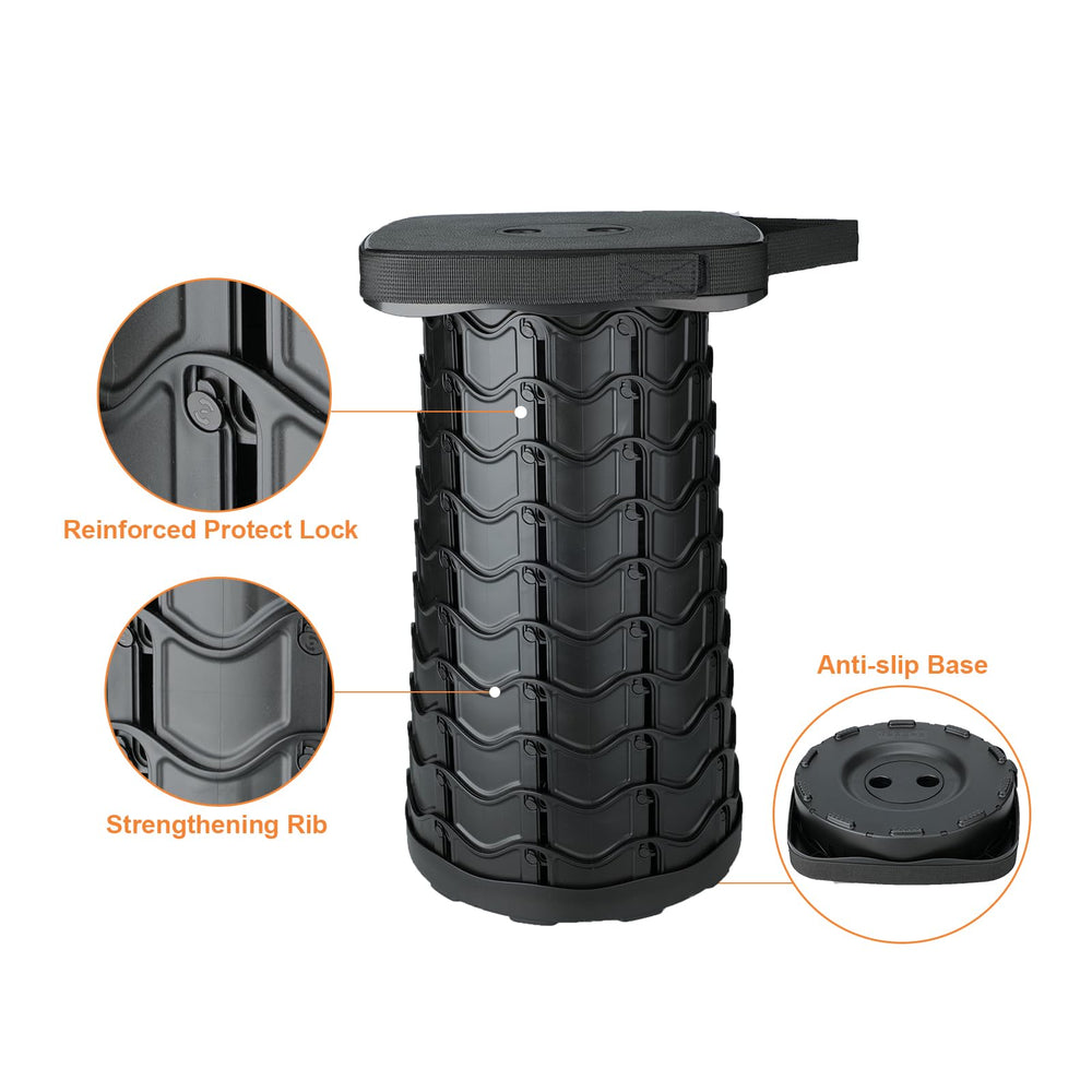 Boreeman collapsible stool with strap carry shows easy portability for hiking and picnics