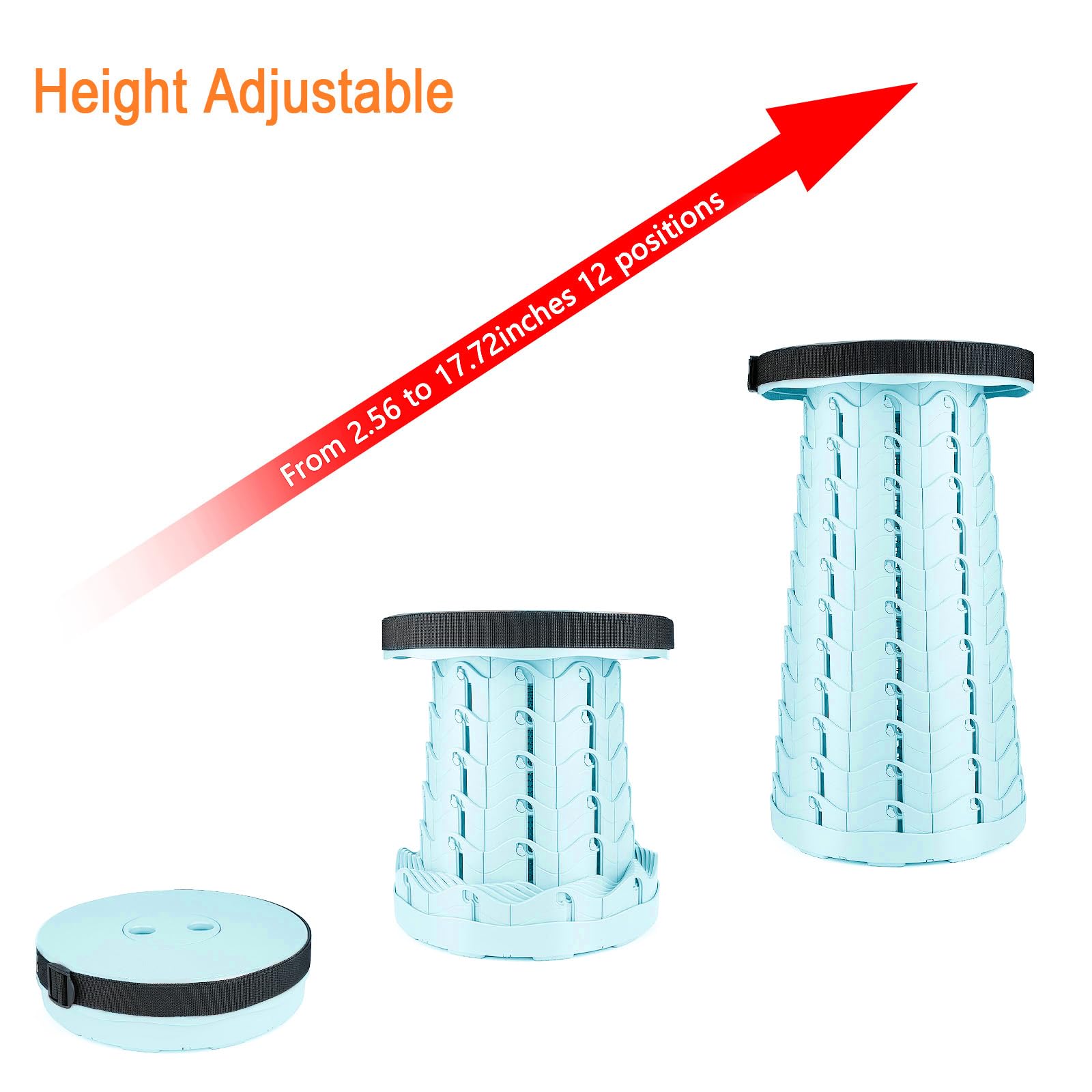 Boreeman folding stool height adjustment offers seating from 2.36 to 17.72 inches.