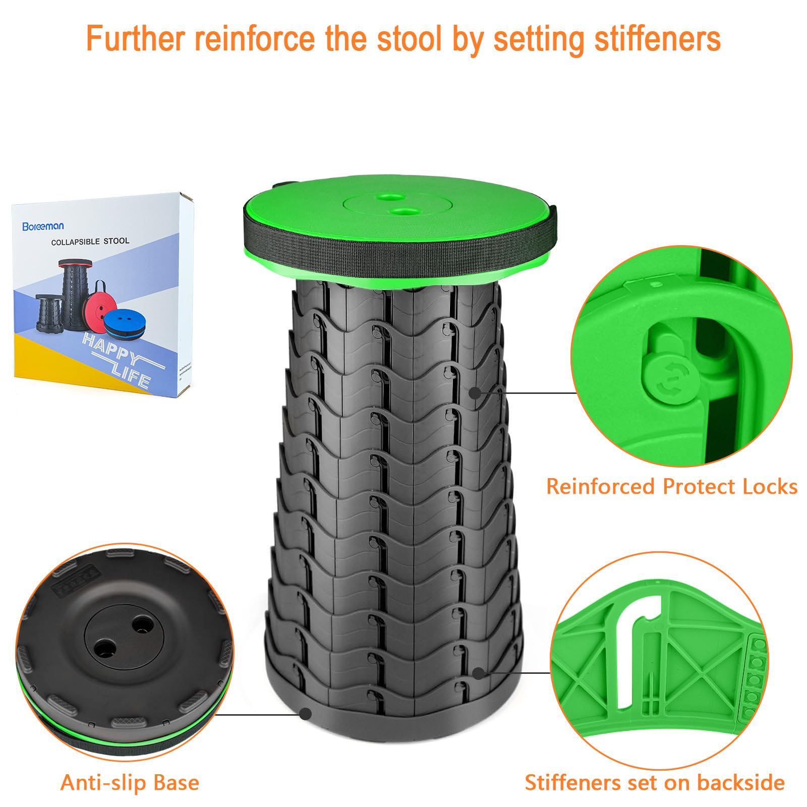 Boreeman folding stool open-close action demonstrates quick setup for picnics.