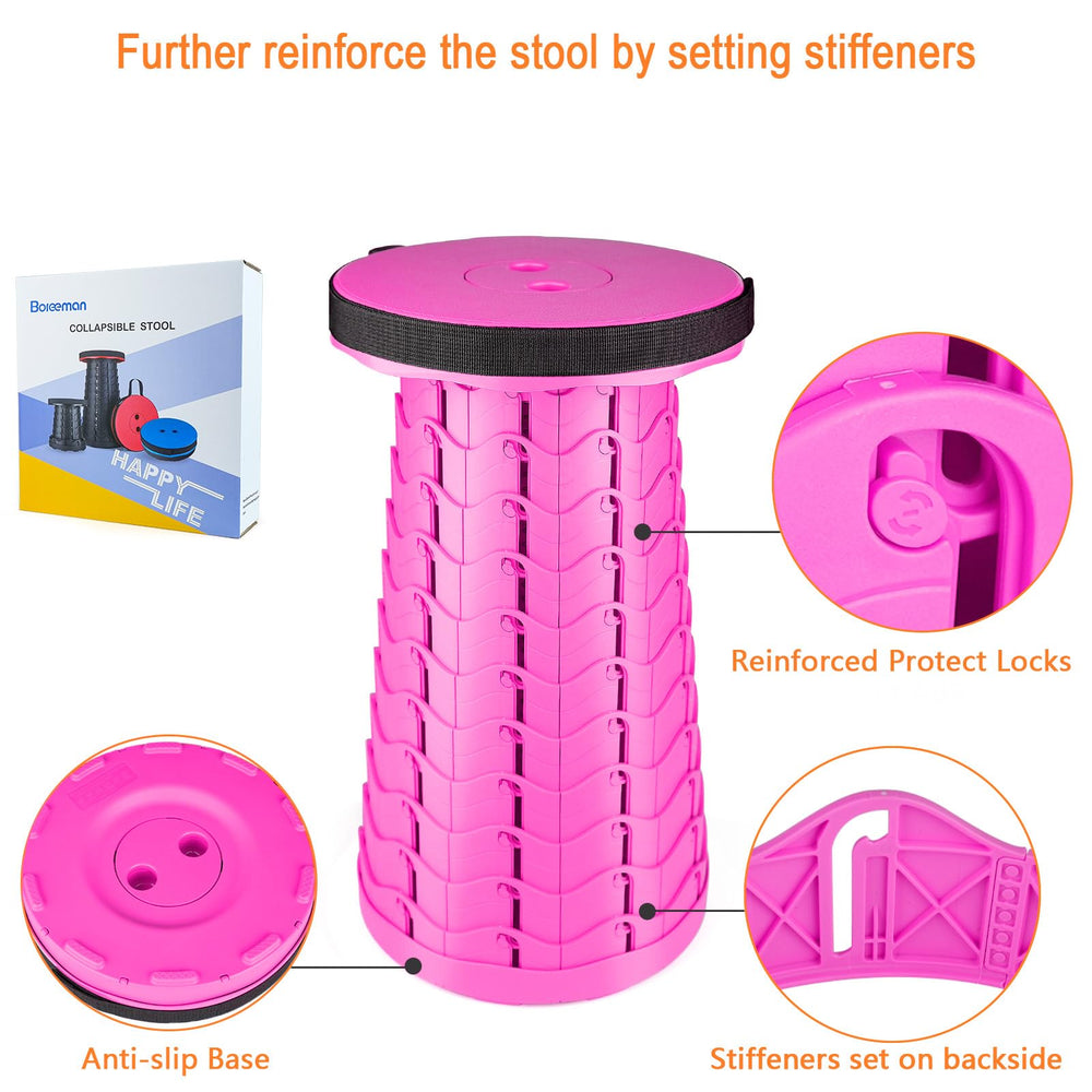 Boreeman pink open-close stool displays smooth deployment for quick seating