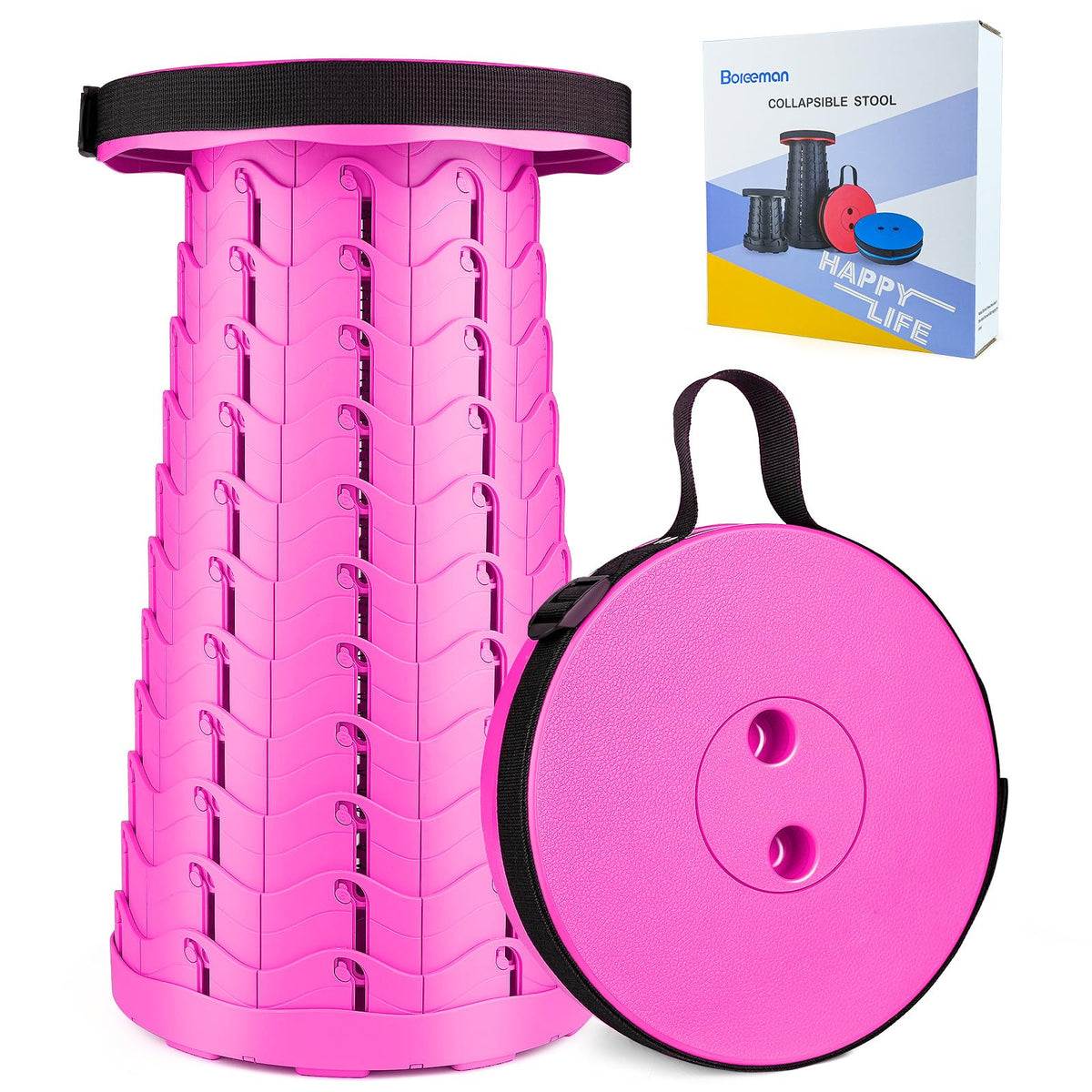 Boreeman folding stool pink sideview shows compact outdoor seating for camping or fishing