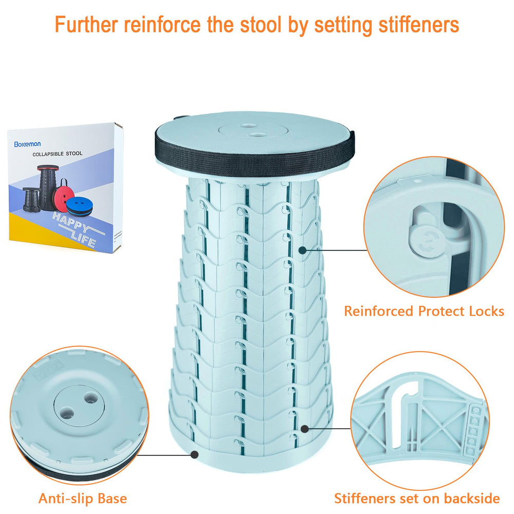 Boreeman folding stool with strap highlights easy carrying for hikes and picnics.