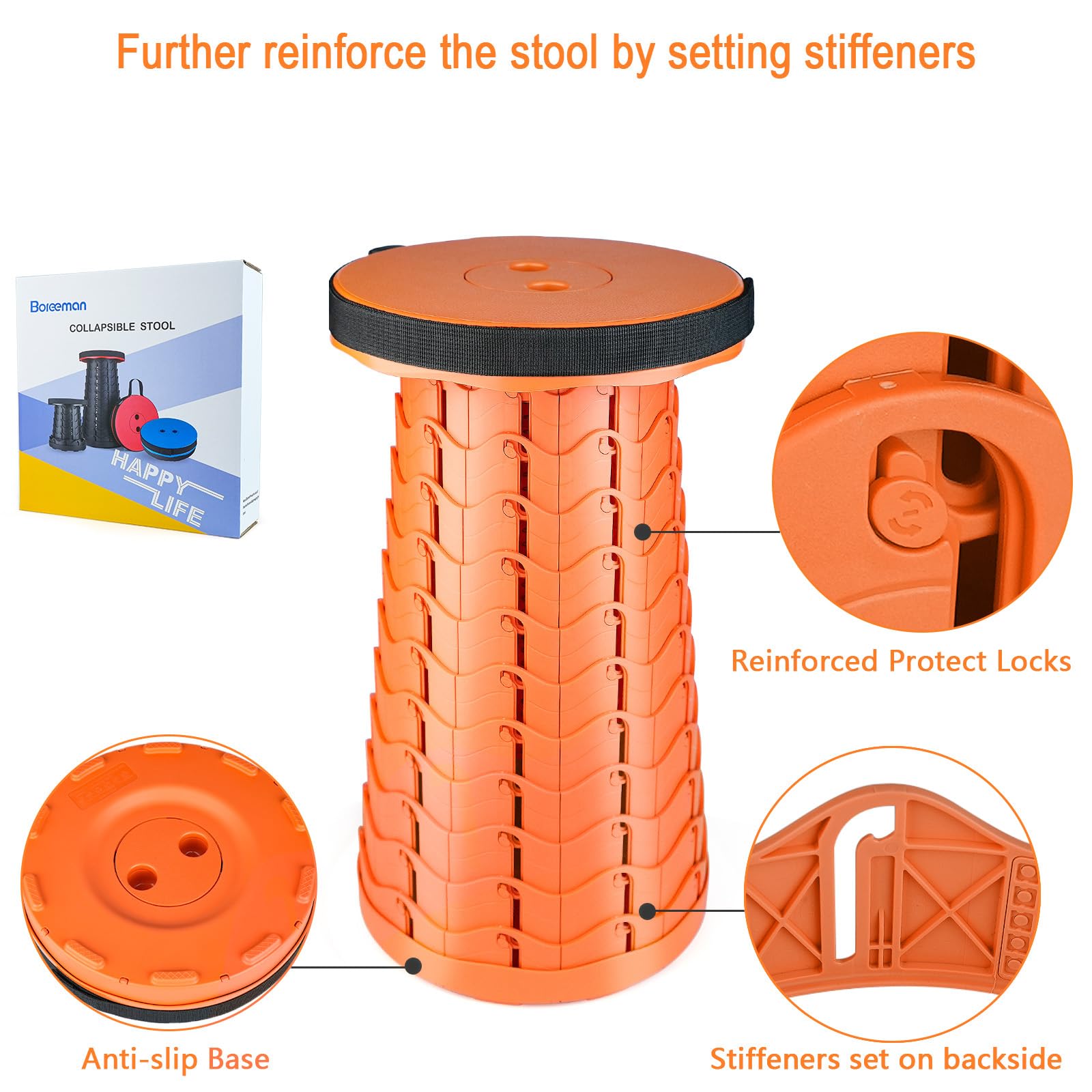 Boreeman Upgraded Folding Stool with carry strap enables hands-free outdoor transport.