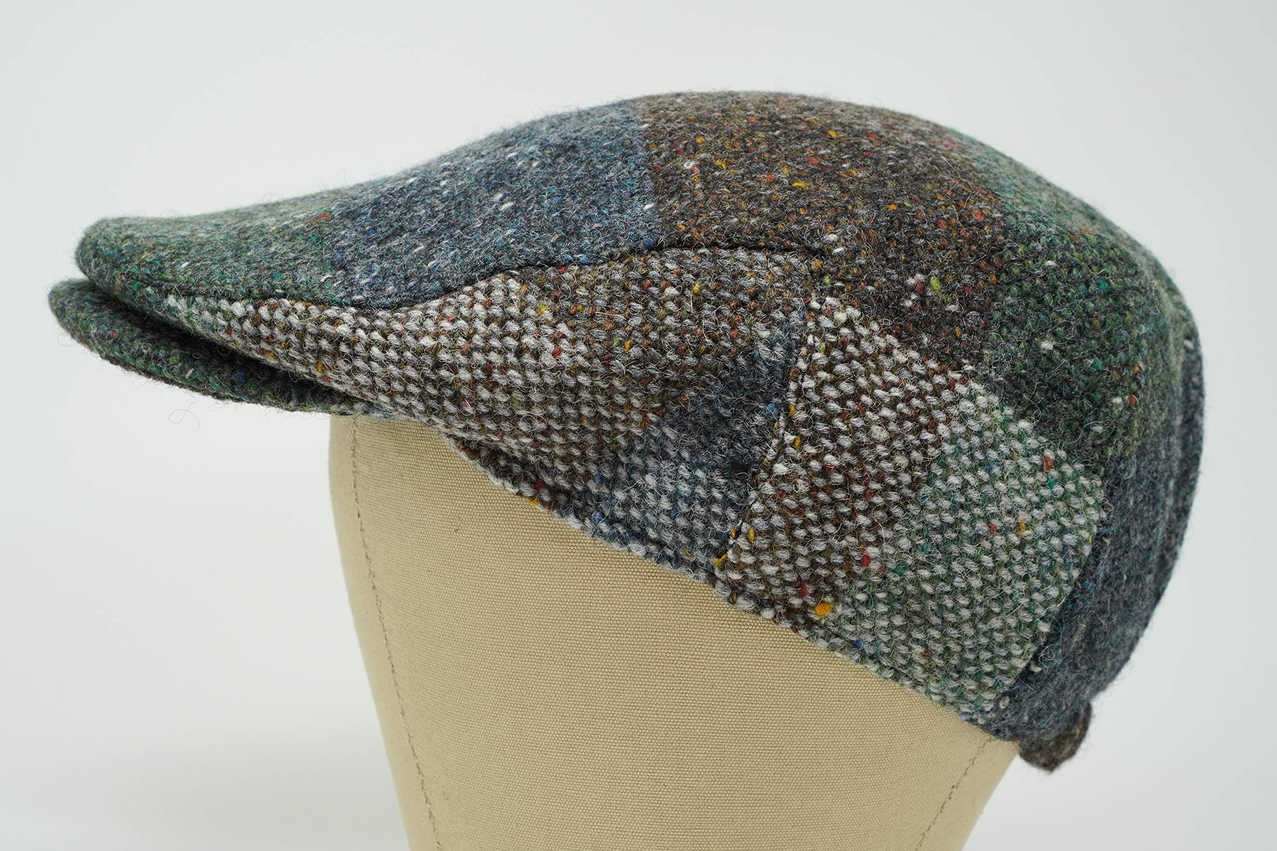 Galway patchwork tweed cap side view highlighting durable wool exterior