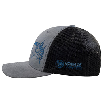 Born of Water Tiger Shark Trucker Hat side profile, casual outdoor styling for divers.