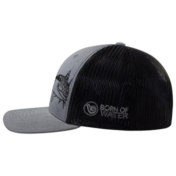 Born of Water tiger shark trucker hat visor closeup showing stitching