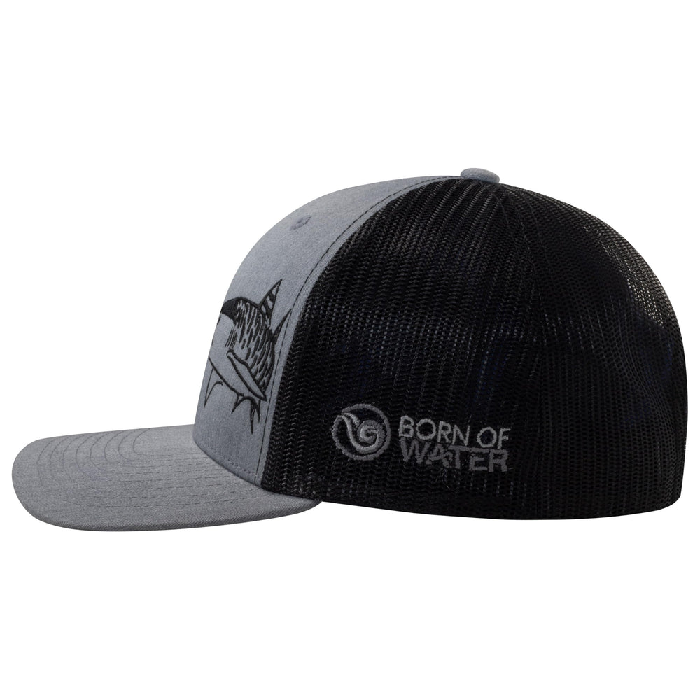 Born of Water tiger shark trucker hat visor closeup showing stitching