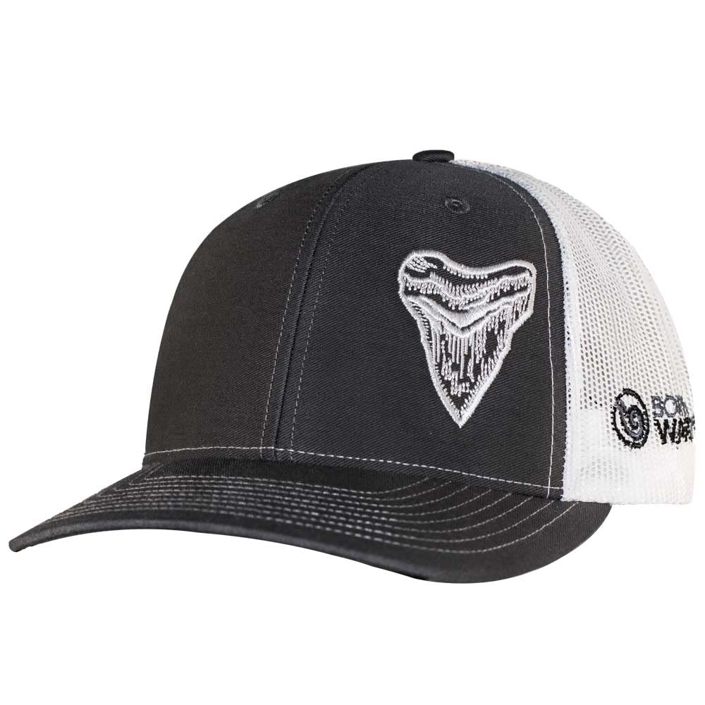 Born of Water Megalodon MEG Tooth Trucker Hat in gray and white, side view