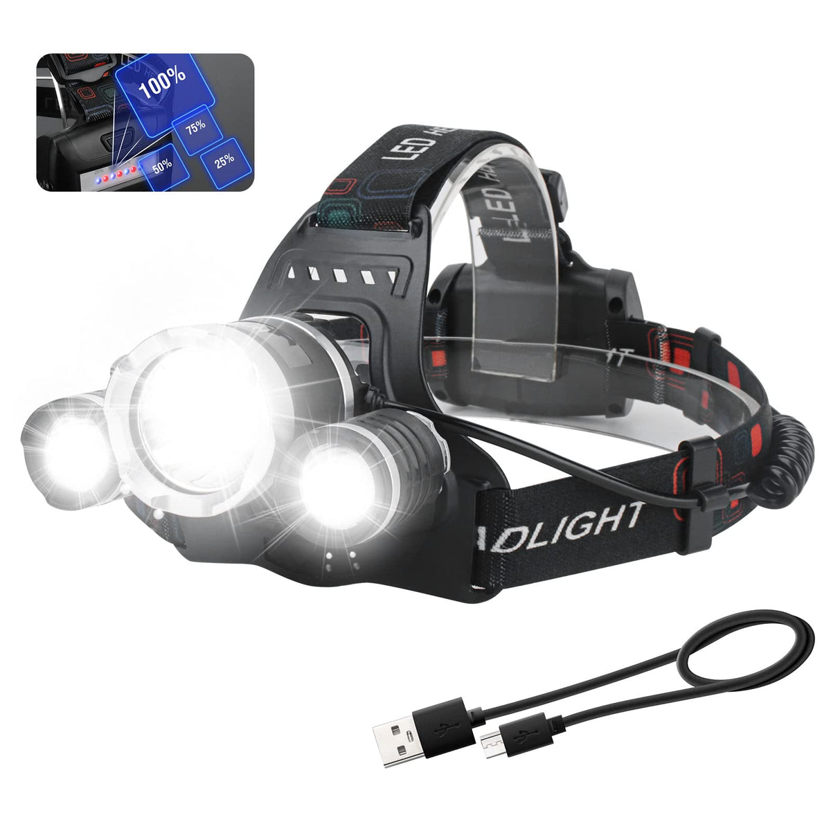 BORUIT LED headlamp beam reaches 100 meters for navigation and tasks.