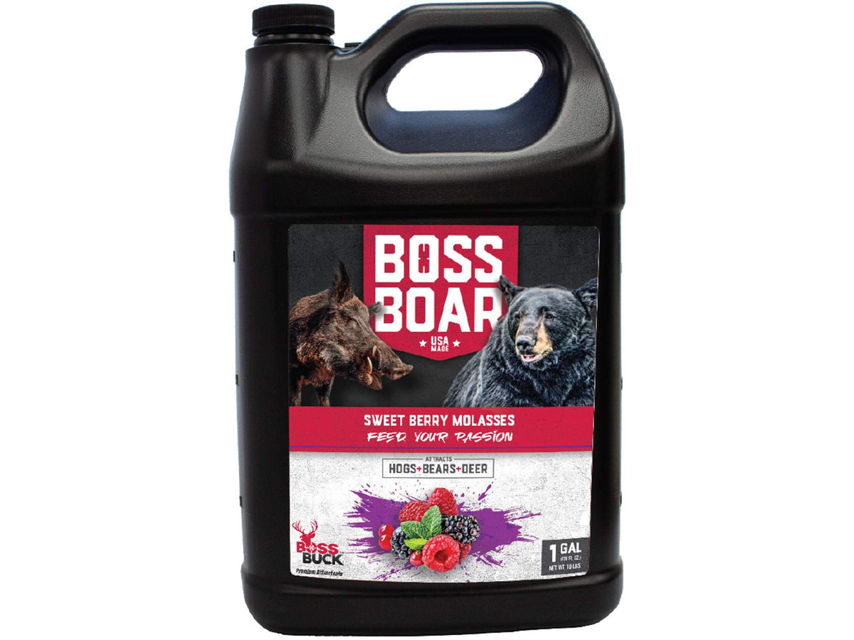 Boss Buck Boss Boar Sweet Berry Molasses attractant pour-over on rotted stumps to lure bears, deer, and hogs.