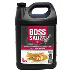 Boss Buck Boss Sauce bottle pouring on a stump to attract deer from long range.