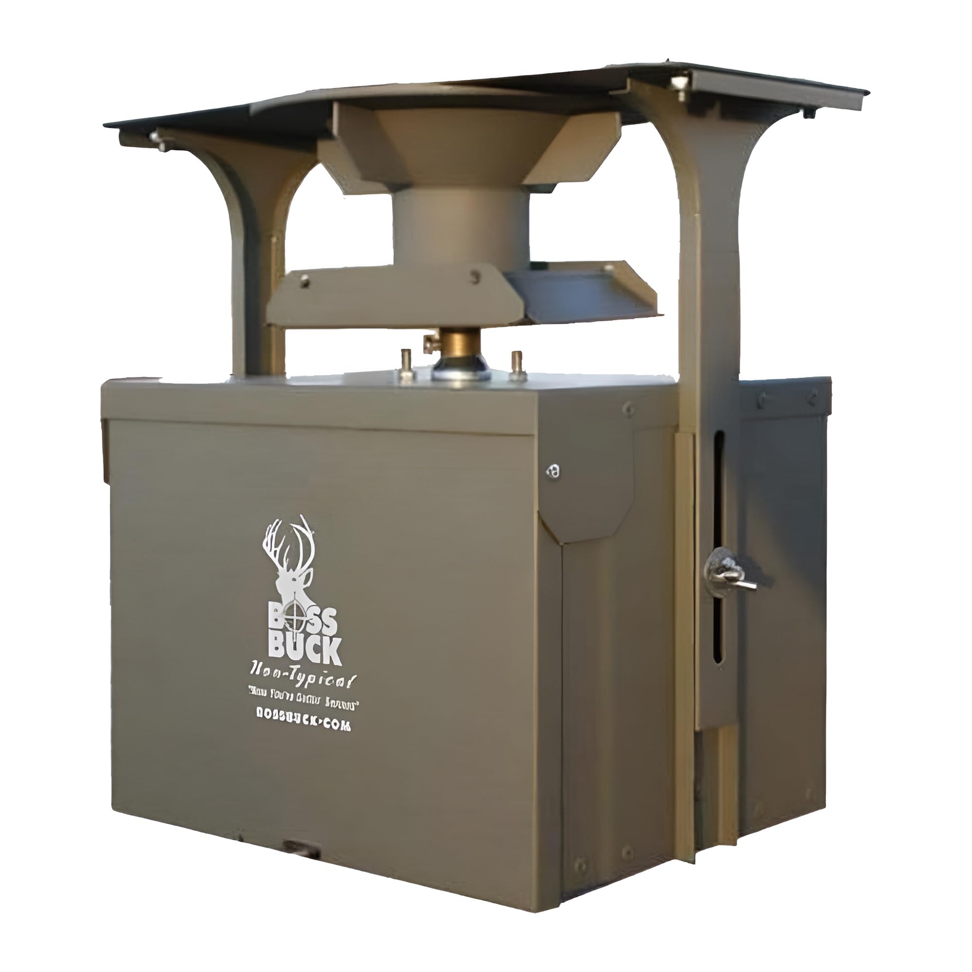 Boss Buck feeder conversion kit in rugged outdoor setting for automatic game attraction.