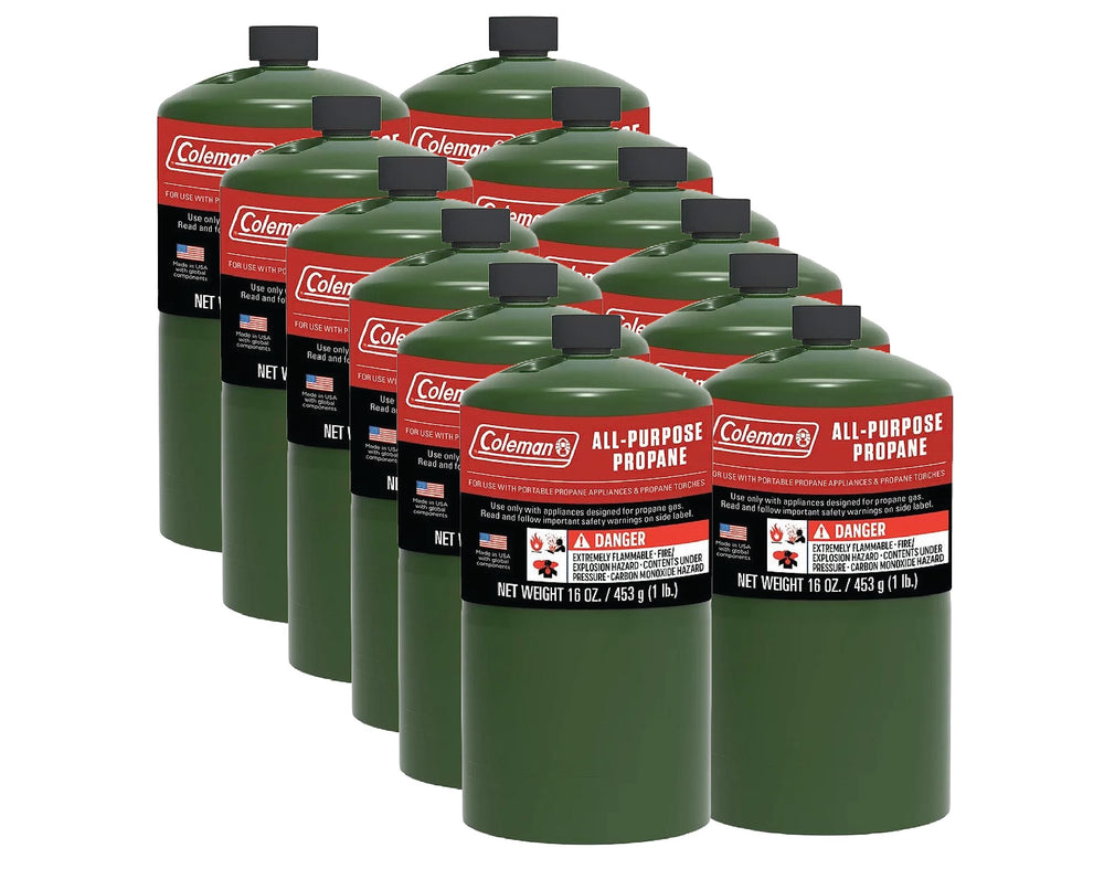 Boss Life Coleman propane cylinders 16 oz 12 pack camping-ready for meals.